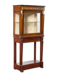 An Empire Style Gilt Bronze Mounted Mahogany Marble-Top Vitrine Cabinet