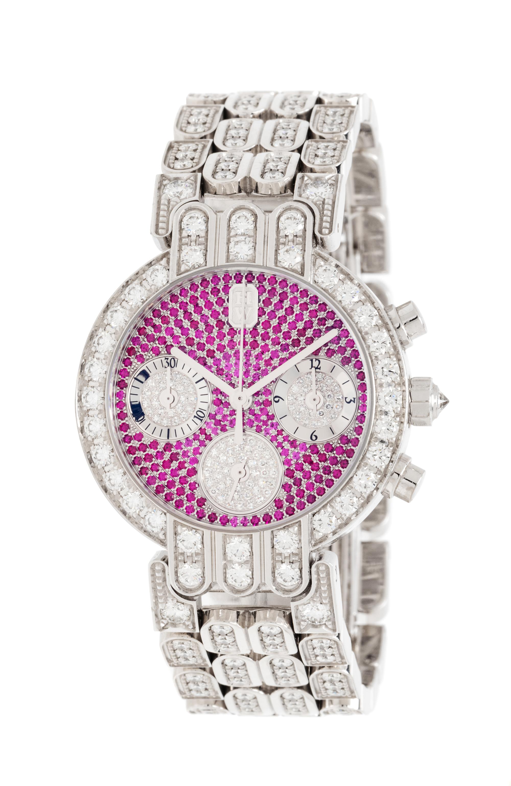 An 18 Karat White Gold, Diamond and Ruby 'Premier Chronograph' Wristwatch, Harry Winston, 90.00 dwts.