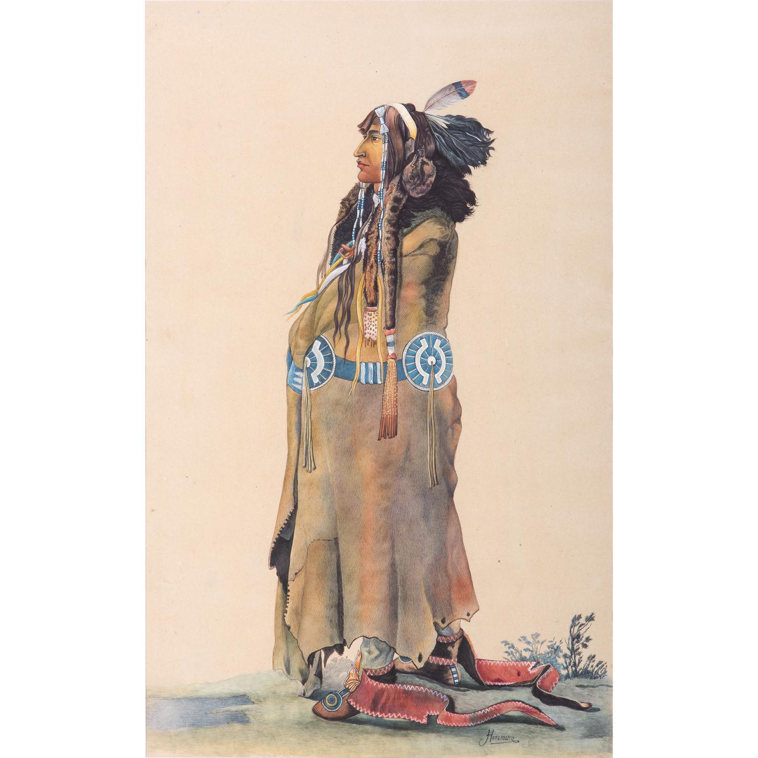 A Watercolor and Two Prints, in the manner of Karl Bodmer