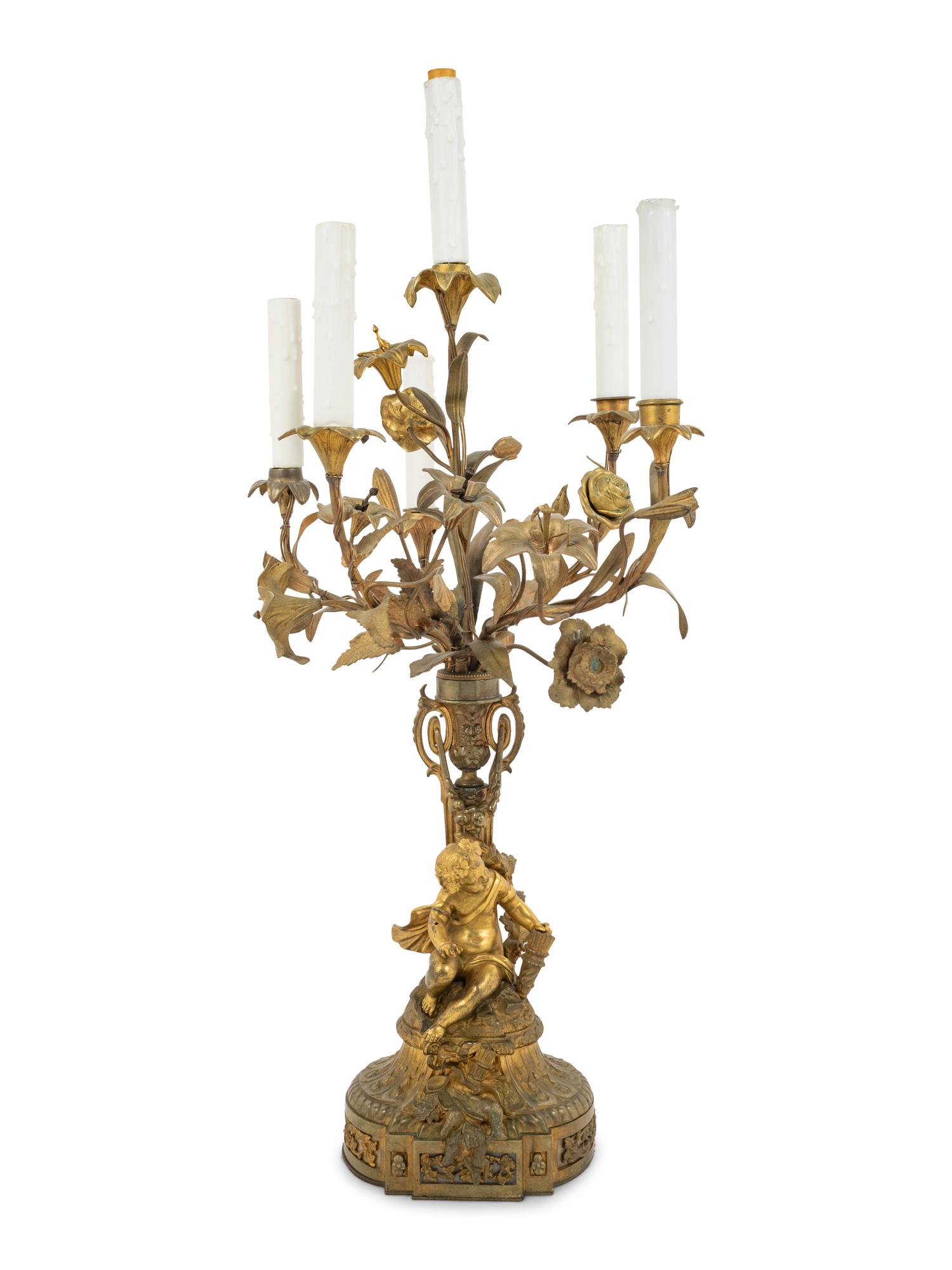 A Continental Gilt Bronze, Marble and Tôle Six-Light Candelabrum Mounted as a Lamp