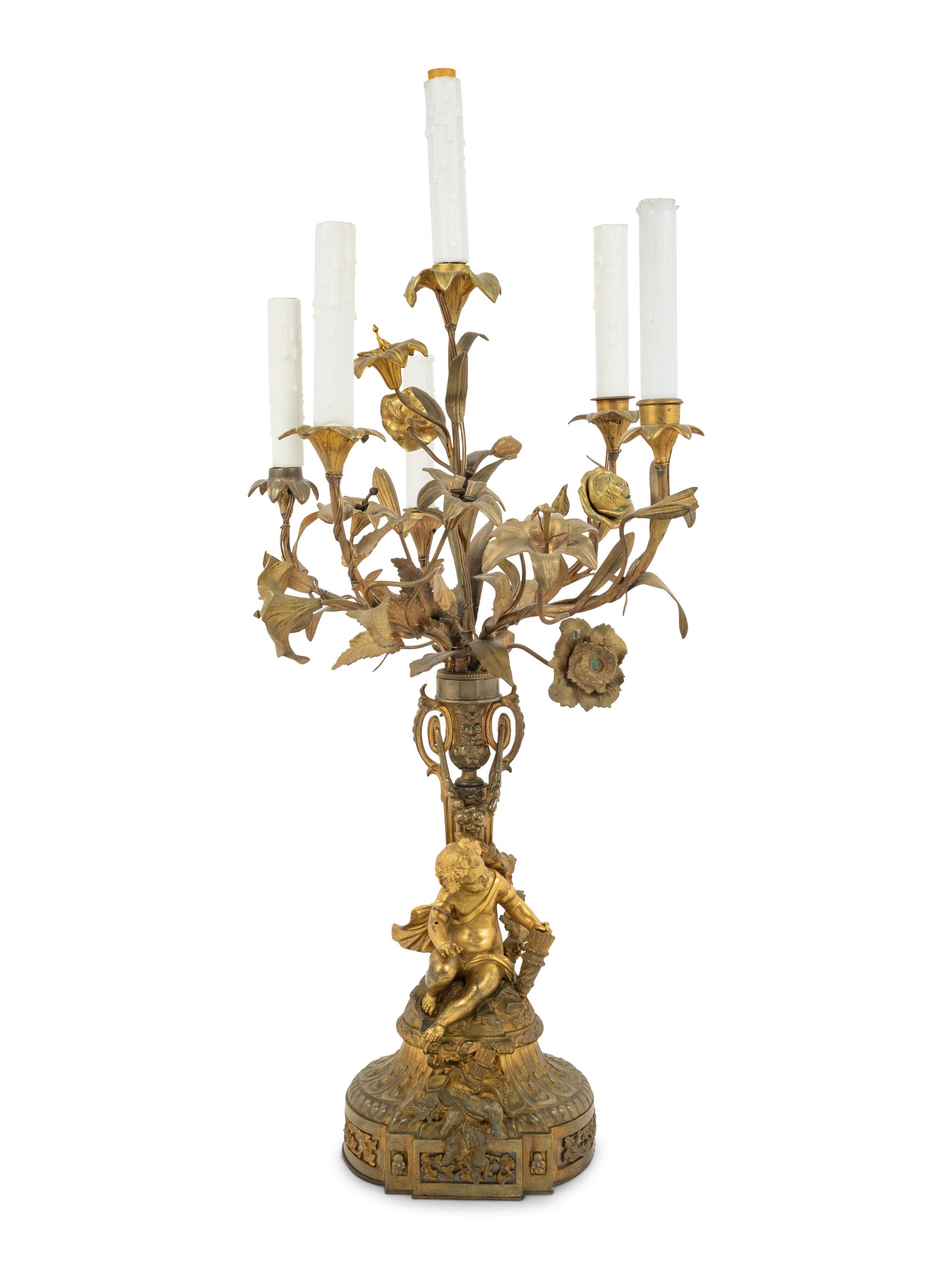 A Continental Gilt Bronze, Marble and Tôle Six-Light Candelabrum Mounted as a Lamp