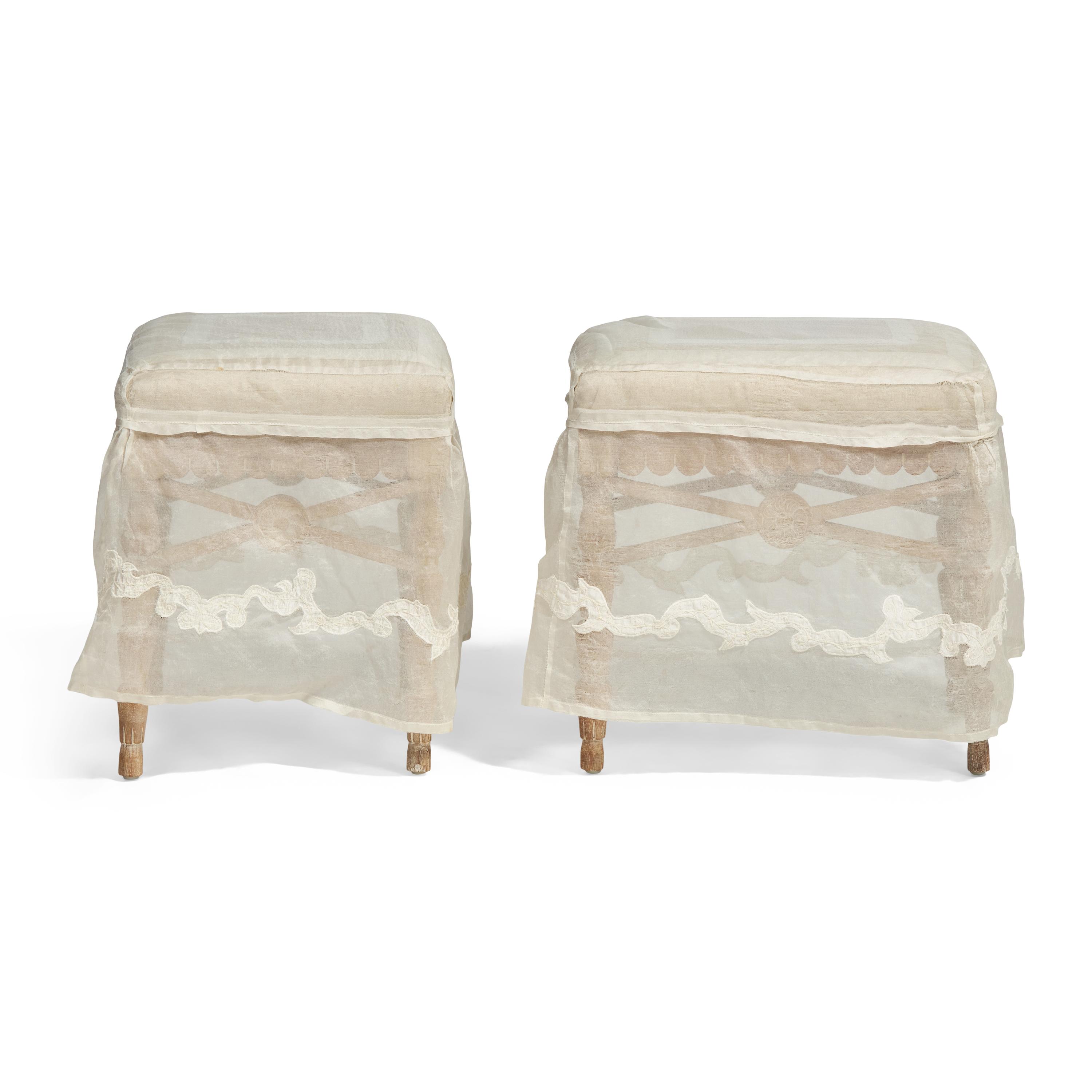 A Pair of Upholstered Bleached Wood Stools