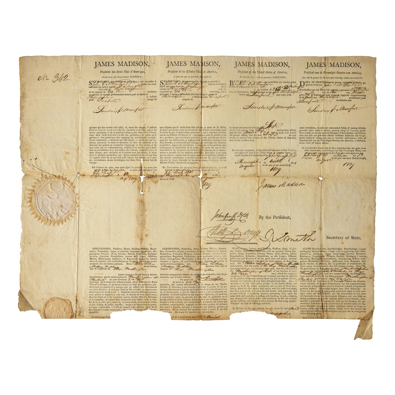 [Presidential] Madison, James. Signed Four-Language Ship's Passport