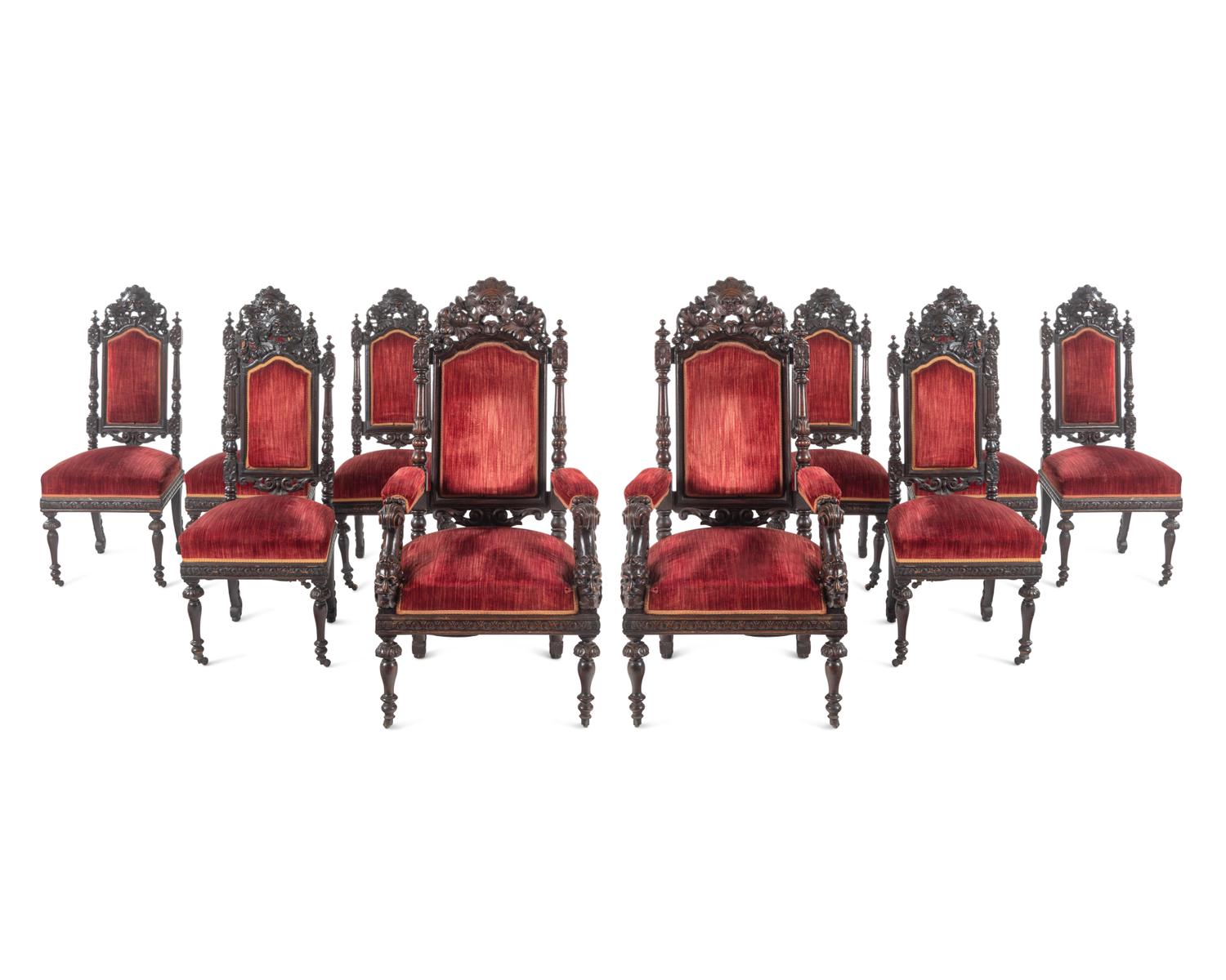 A Set of Ten Renaissance Revival Oak Dining Chairs