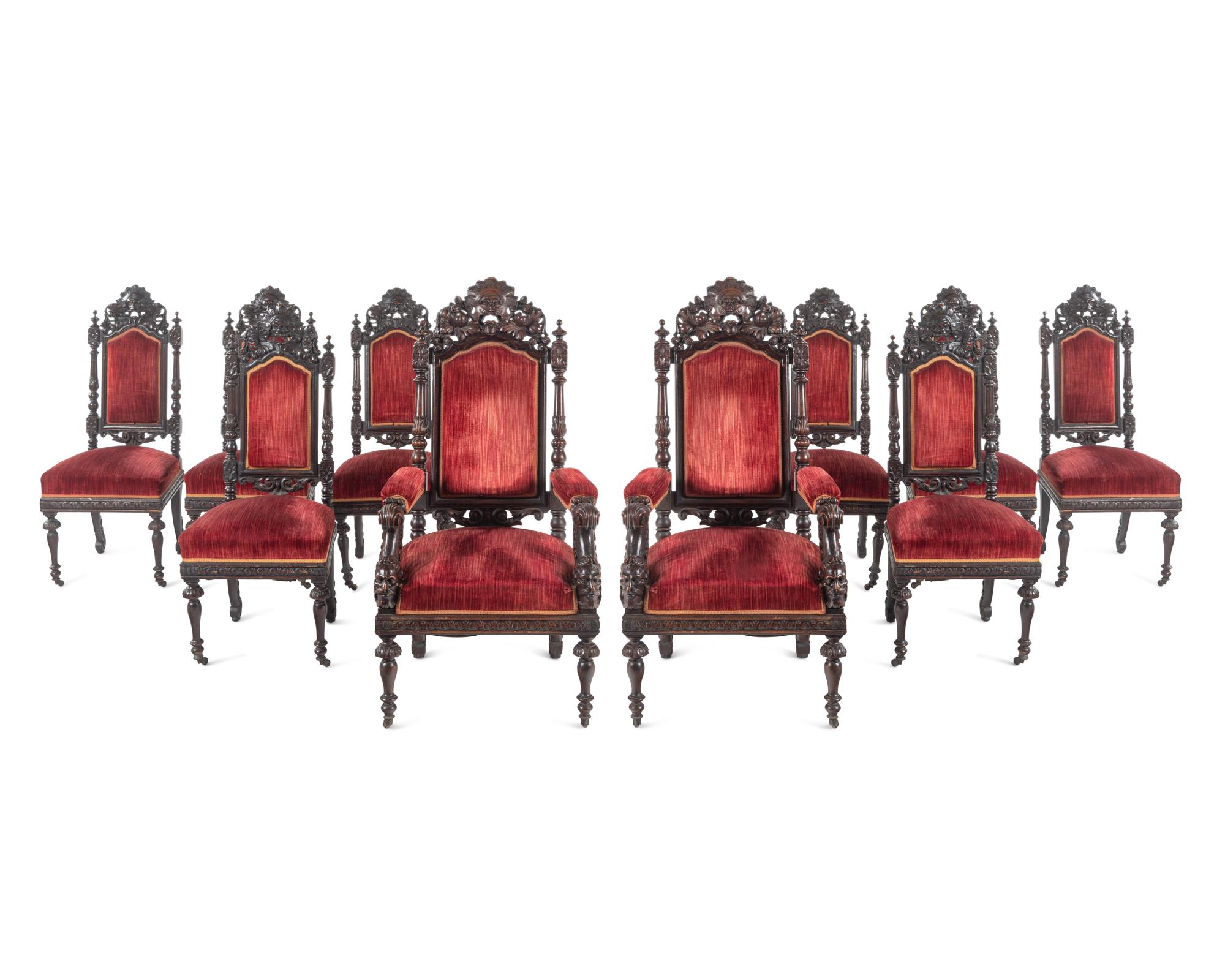A Set of Ten Renaissance Revival Oak Dining Chairs