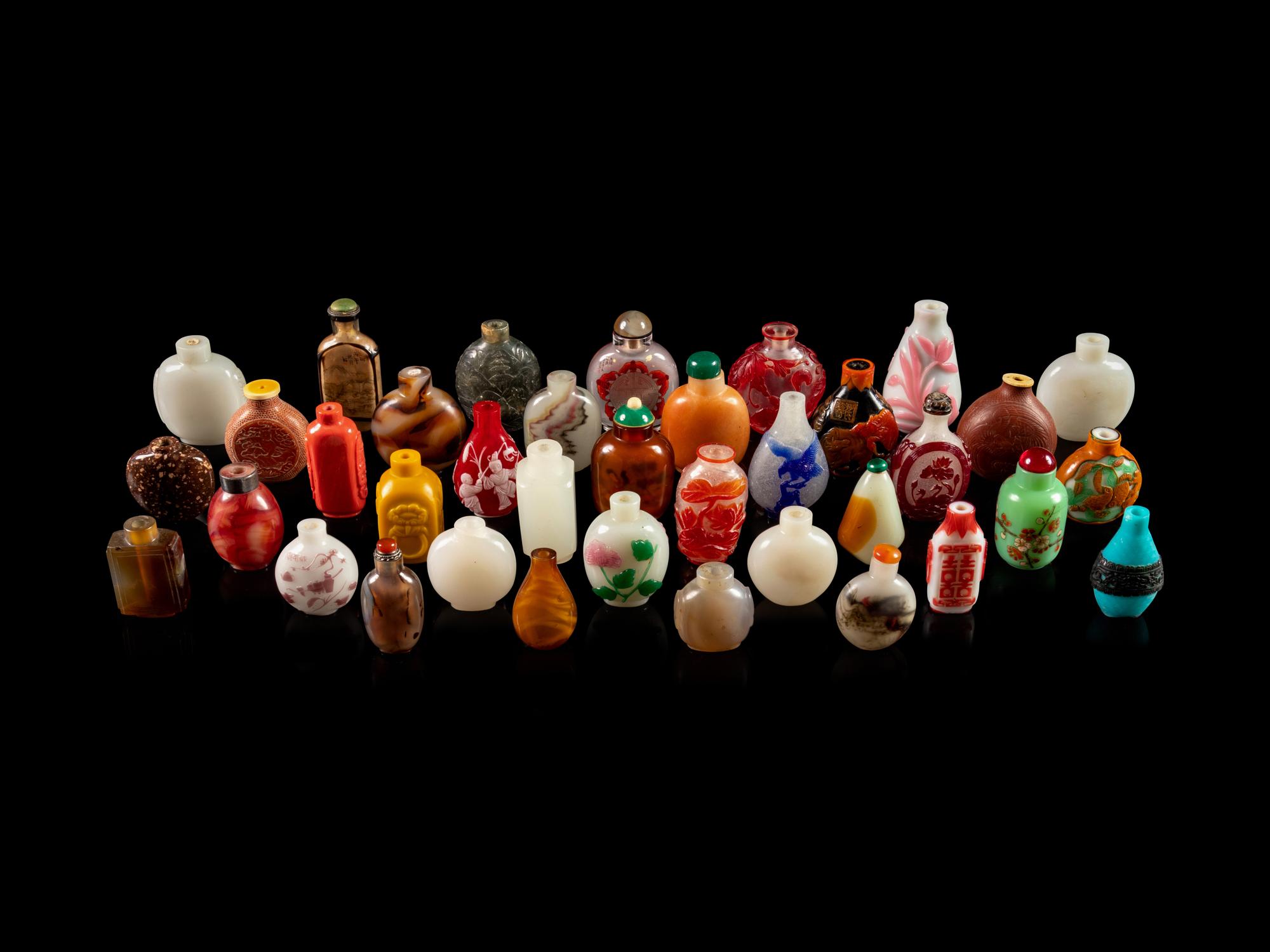 Thirty-Eight Chinese Glass and Hardstone Snuff Bottles