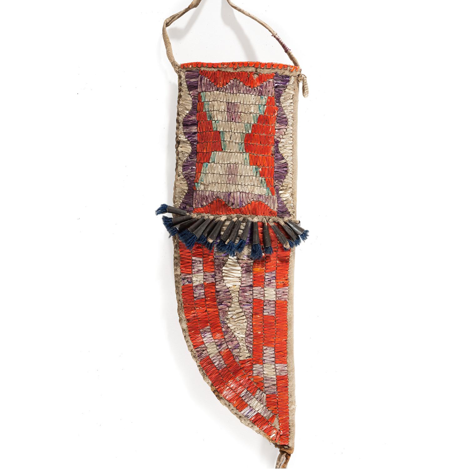 Eastern Sioux Quilled Hide Knife Sheath, with Recycled Painted Parfleche Lining