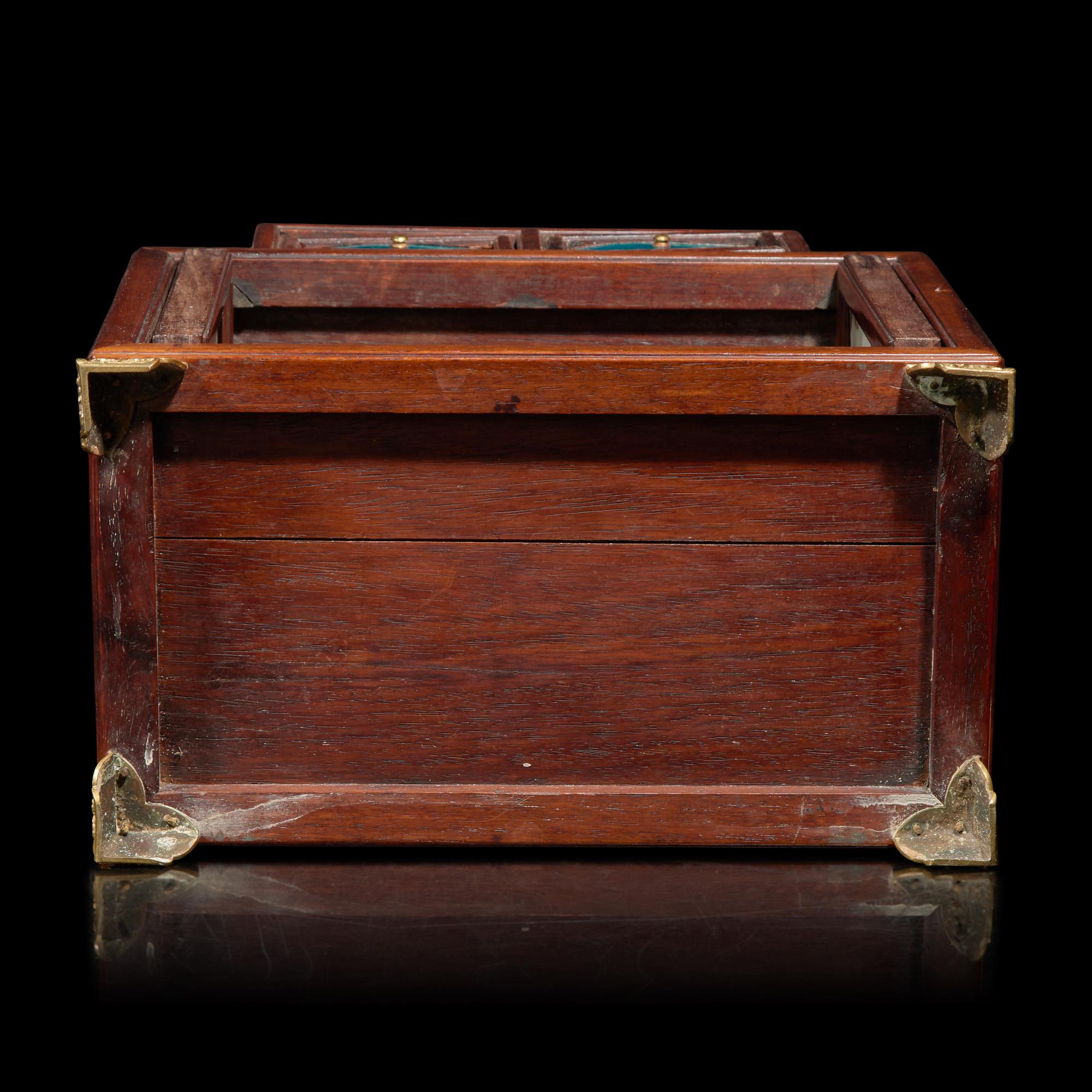 A Small Chinese Porcelain-Inlaid Hardwood Table Cabinet — 硬木嵌粉彩瓷板案頭櫃