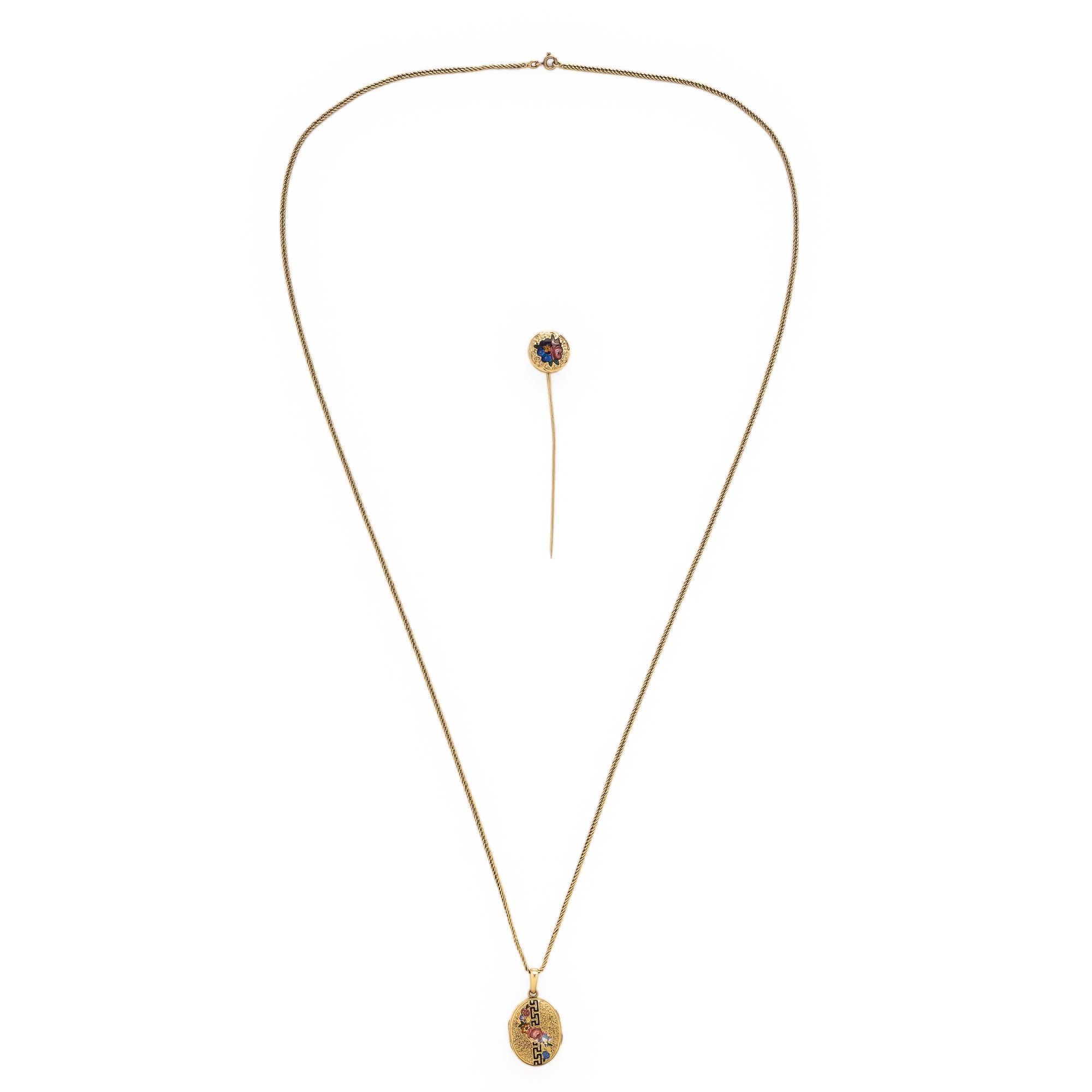 Yellow Gold and Enamel Locket Necklace and Stick Pin