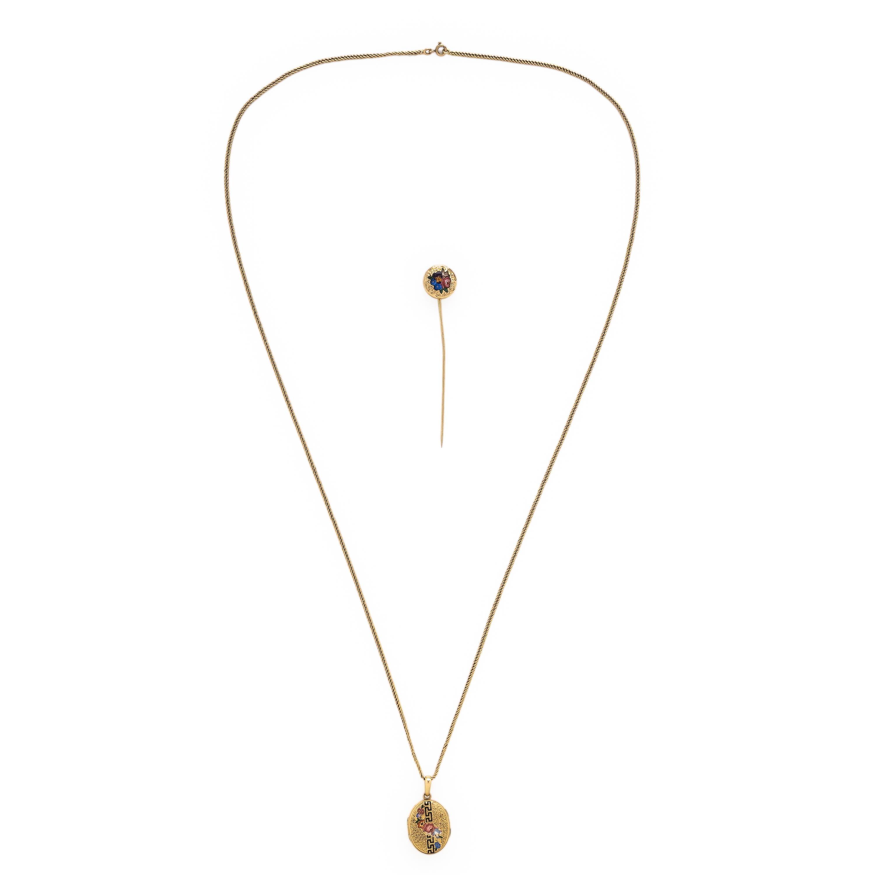 Yellow Gold and Enamel Locket Necklace and Stick Pin