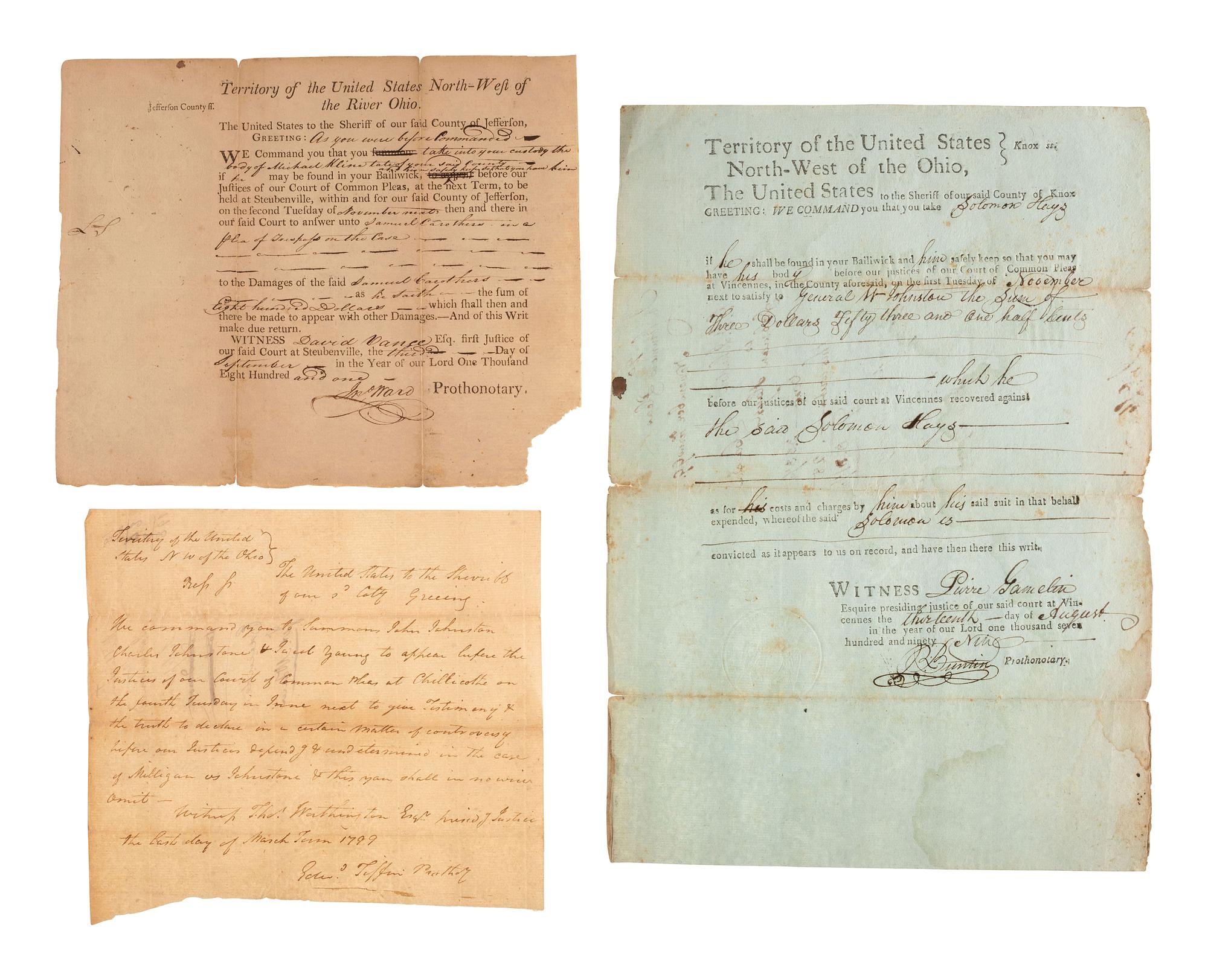[NORTHWEST TERRITORY]. A group of 3 documents related to legal proceedings in the Northwest Territory, comprising: