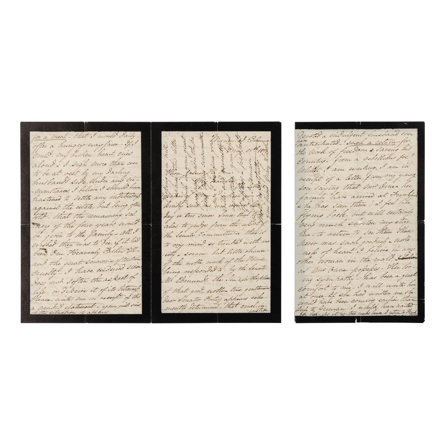 LINCOLN, Mary Todd (1818-1882). Autograph letter signed ("Mary Lincoln") to James Orne, Marienbad, Bohemia, 28 May 1870.