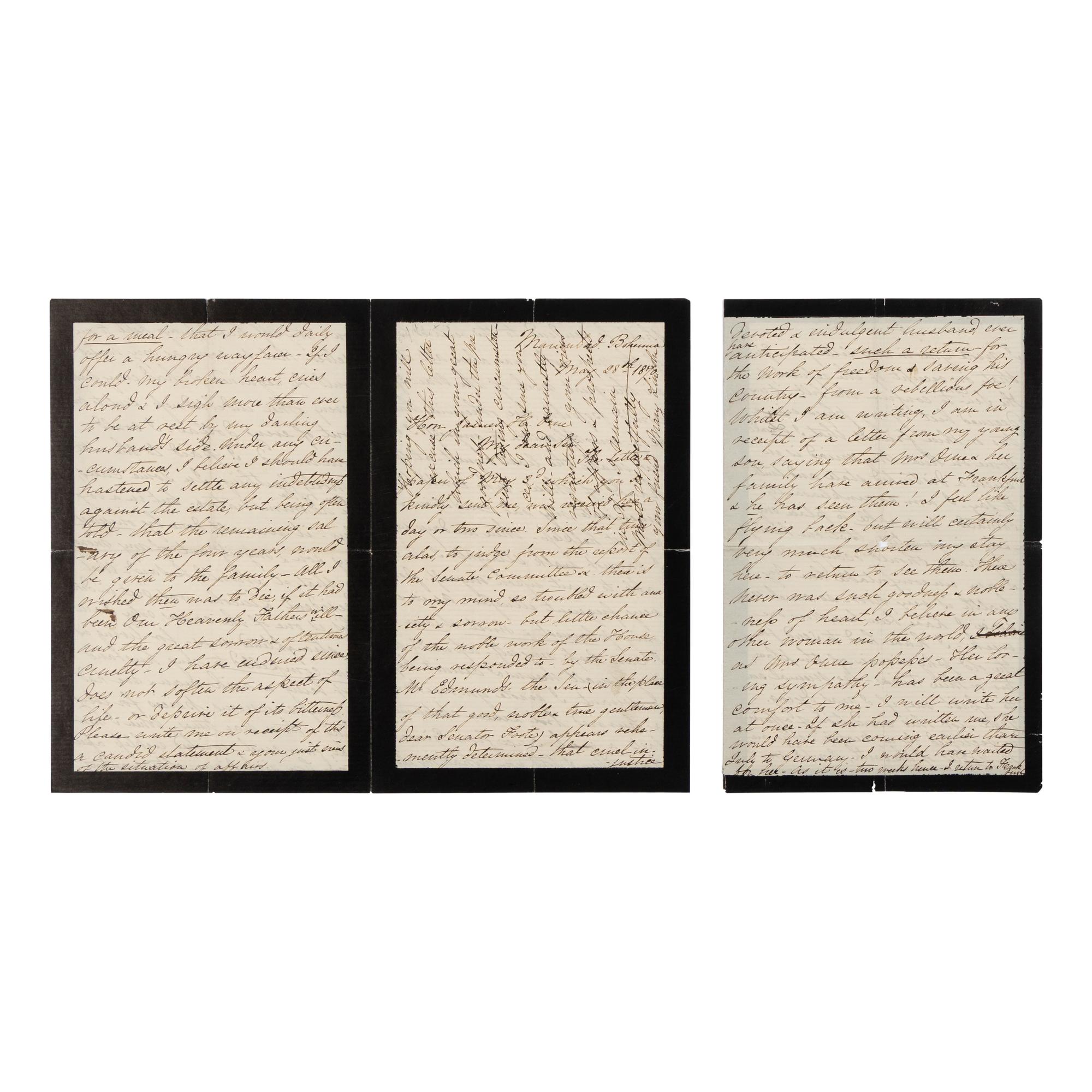 LINCOLN, Mary Todd (1818-1882). Autograph letter signed ("Mary Lincoln") to James Orne, Marienbad, Bohemia, 28 May 1870.