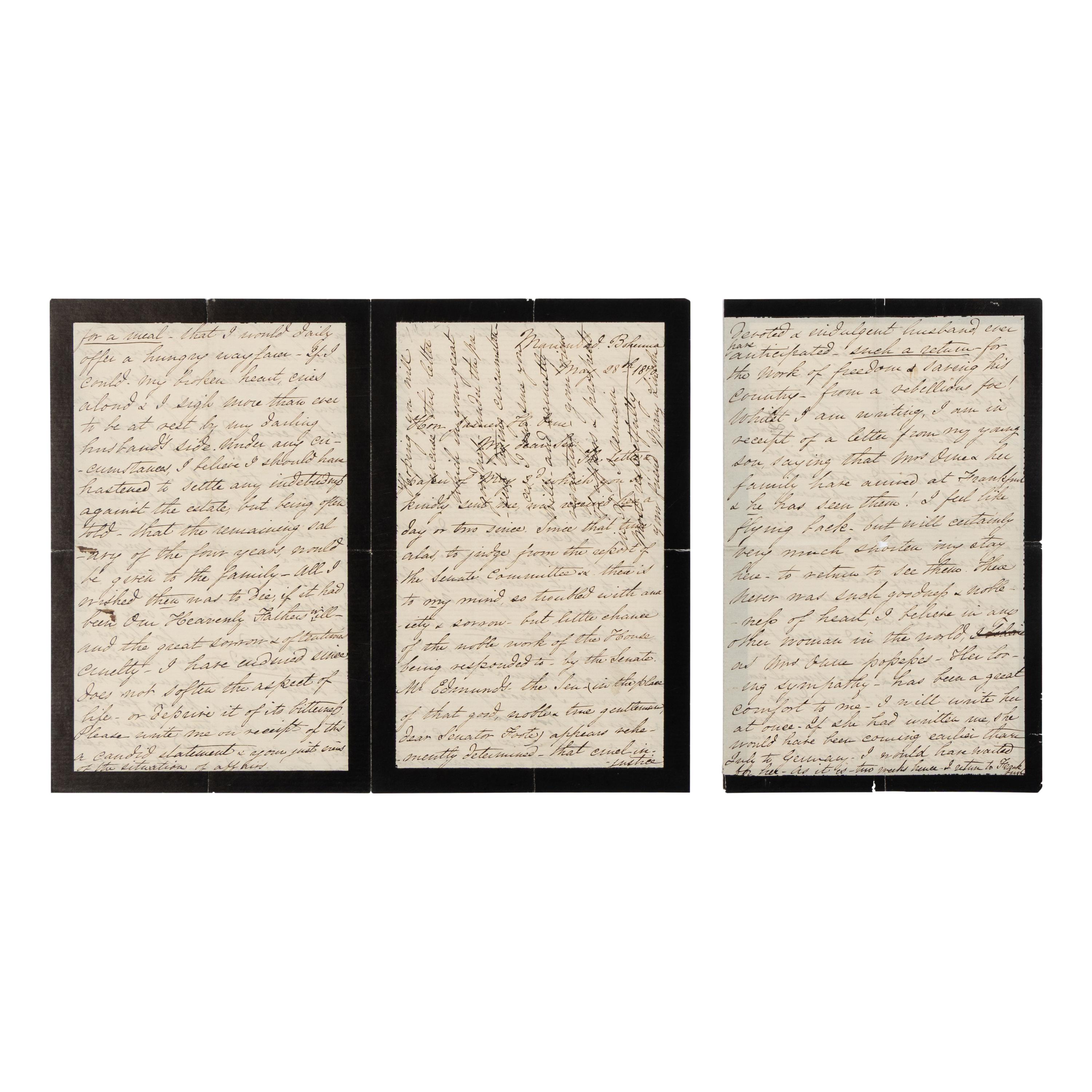 LINCOLN, Mary Todd (1818-1882). Autograph letter signed ("Mary Lincoln") to James Orne, Marienbad, Bohemia, 28 May 1870.