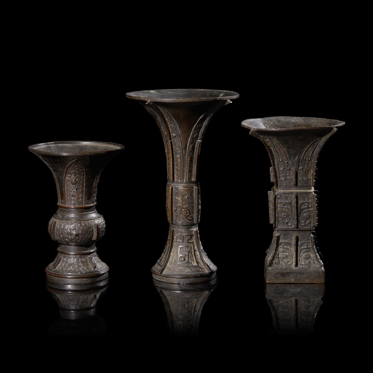Three Chinese Archaistic Patinated Bronze Vases, Gu, Late Ming to Qing Dynasty 晚明-清 仿古銅花觚三件