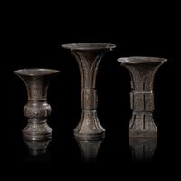 Three Chinese Archaistic Patinated Bronze Vases, Gu, Late Ming to Qing Dynasty 晚明-清 仿古銅花觚三件