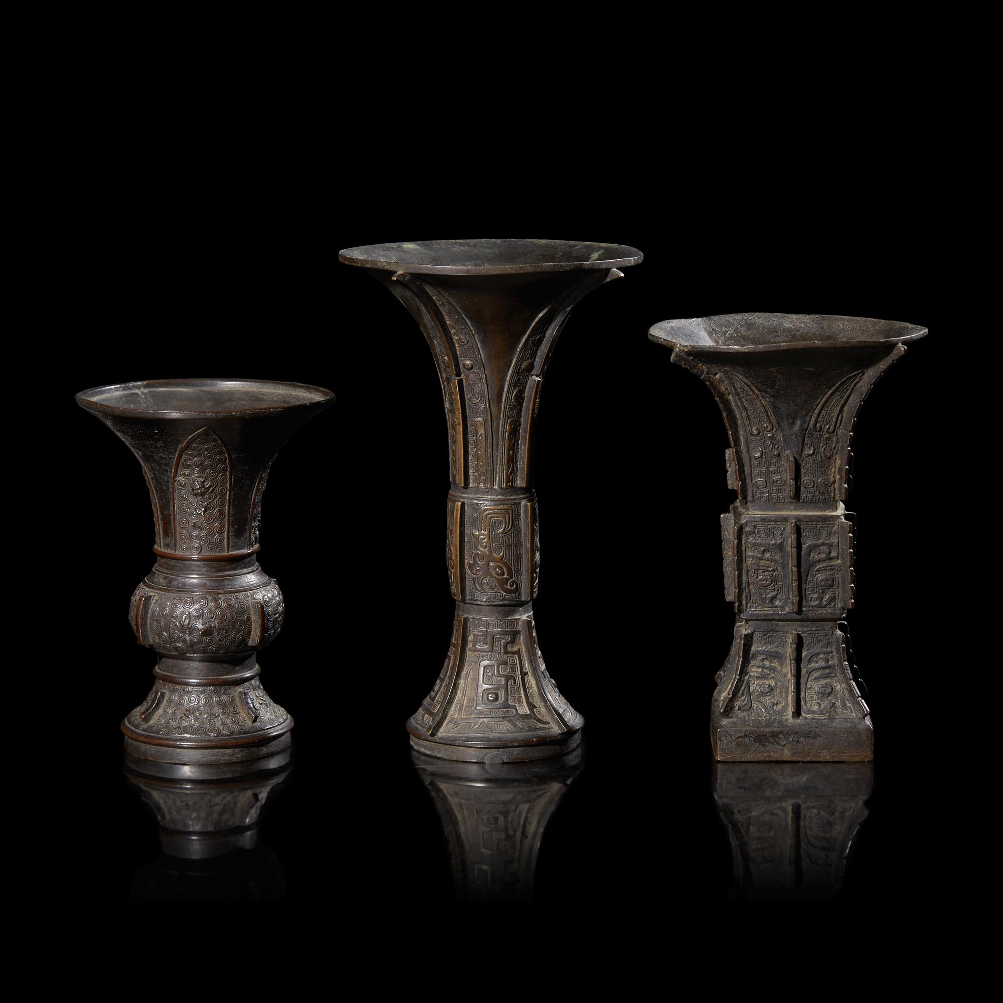 Three Chinese Archaistic Patinated Bronze Vases, Gu, Late Ming to Qing Dynasty 晚明-清 仿古銅花觚三件