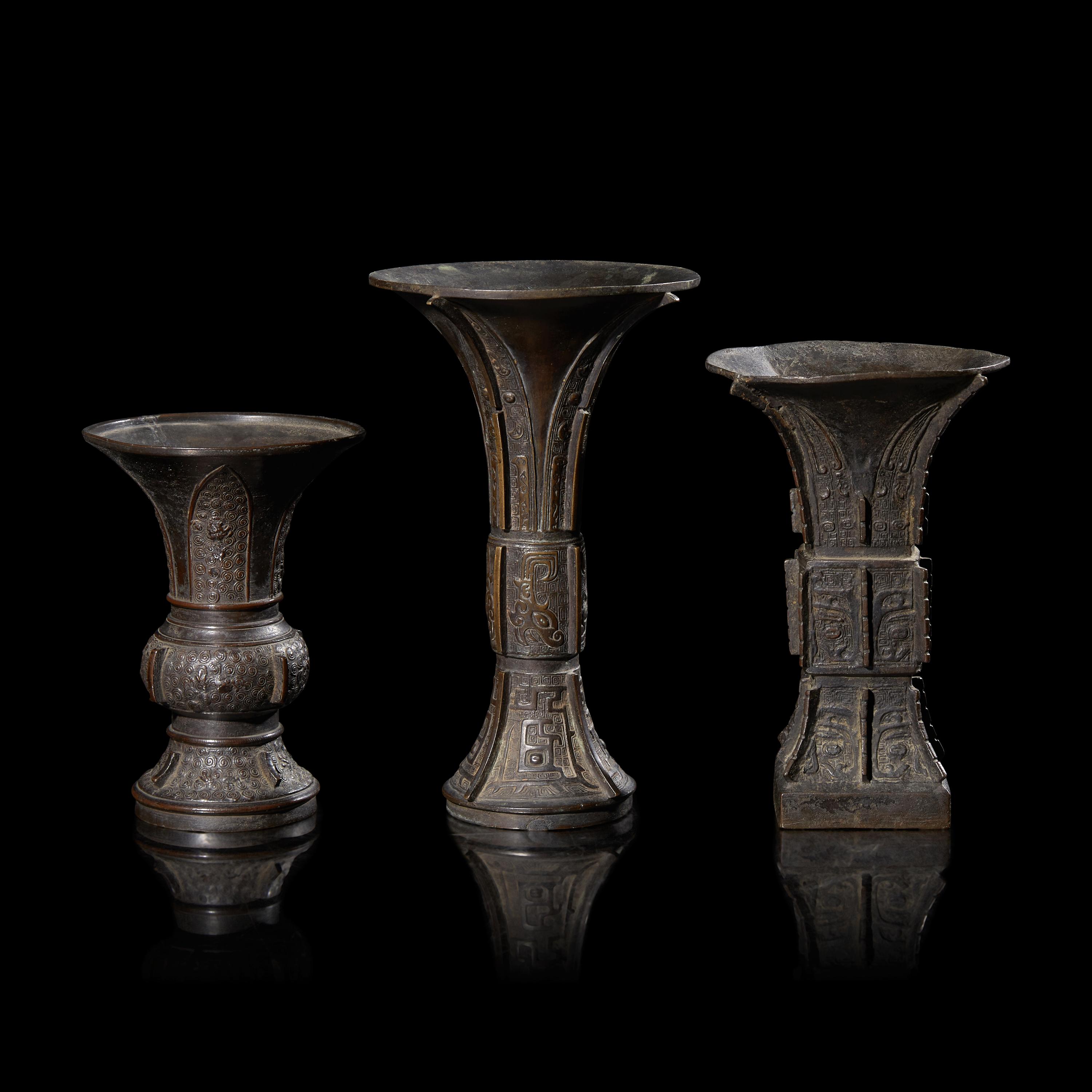 Three Chinese Archaistic Patinated Bronze Vases, Gu, Late Ming to Qing Dynasty 晚明-清 仿古銅花觚三件
