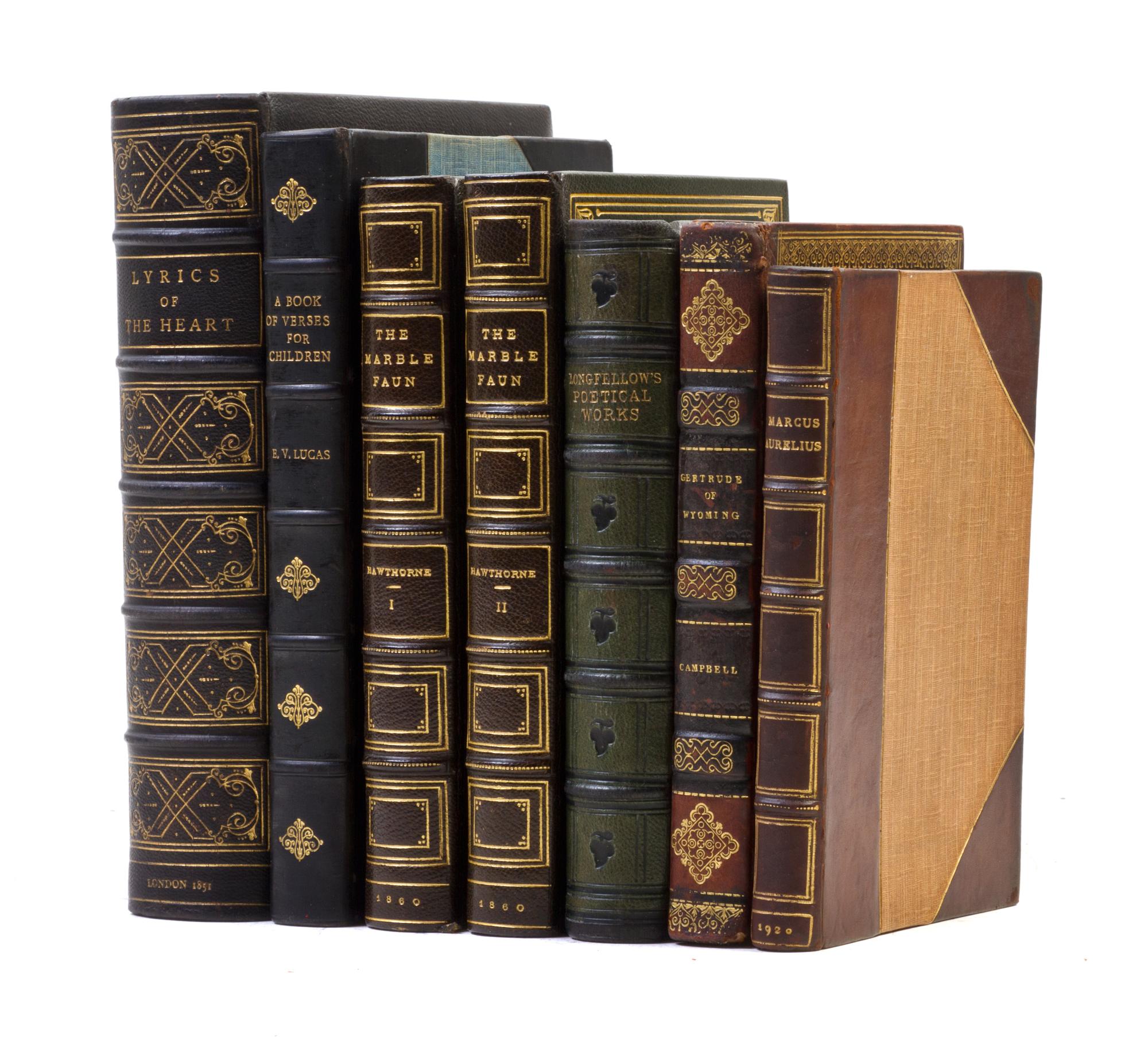 (BINDINGS) A group of 7 vols. bound in shades of blue and green leather.