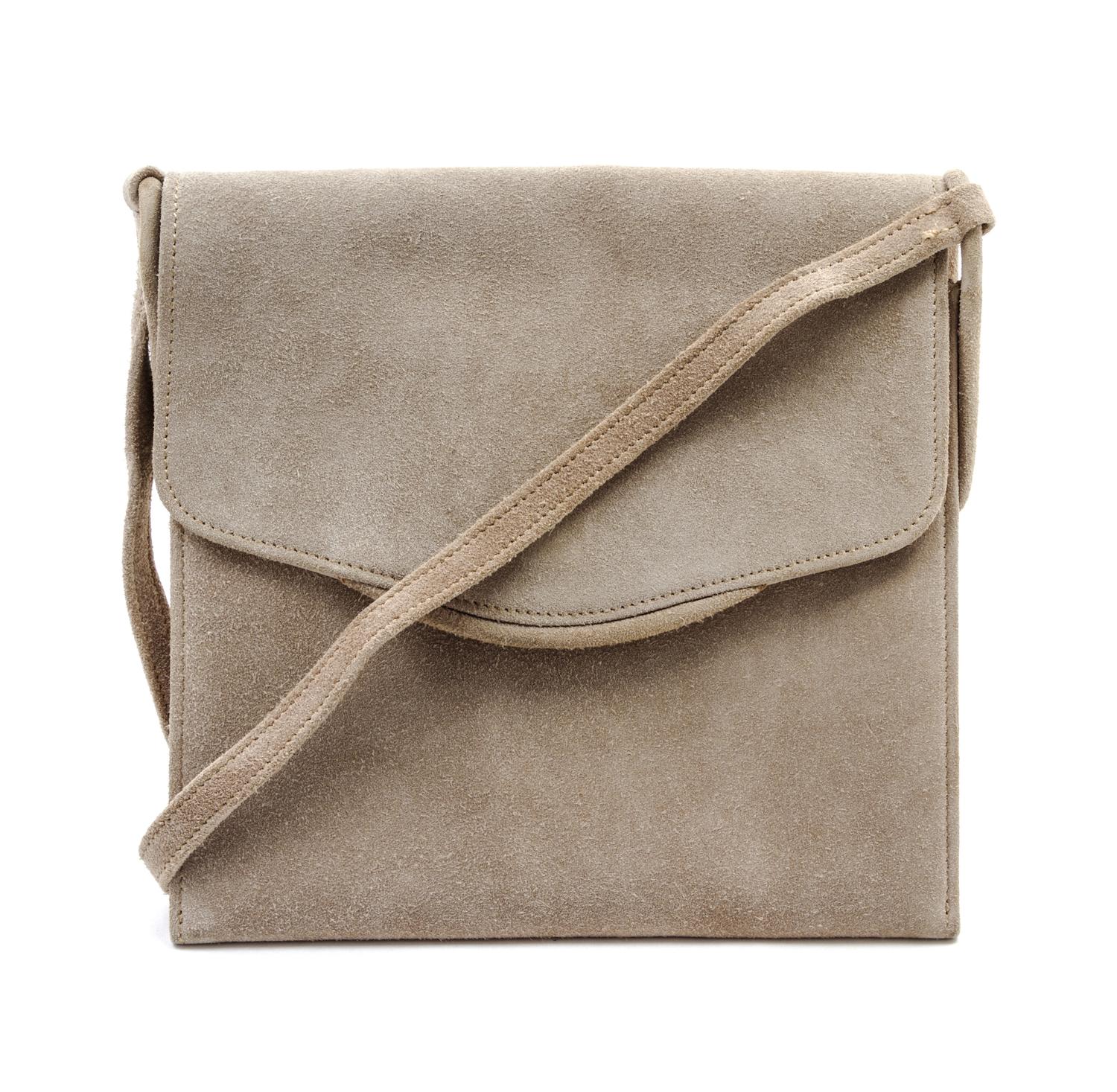 An Hermes Taupe Suede Shoulder Bag, 7 1/2 x 7 1/2 x 1 inches.
