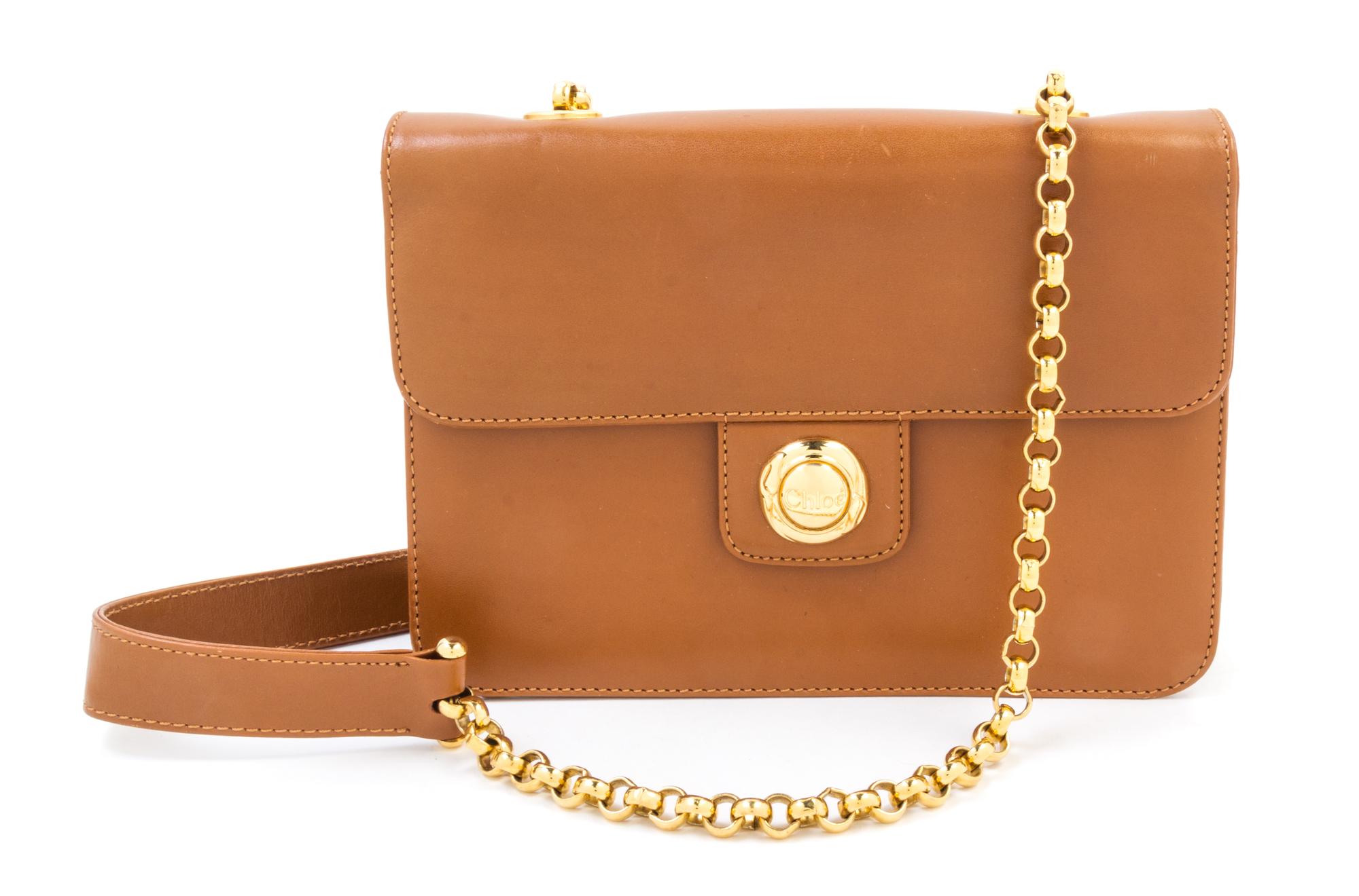 A Chloe Brown Leather Flap Handbag, 9" x 6.5" x 2"; Strap drop: 17".