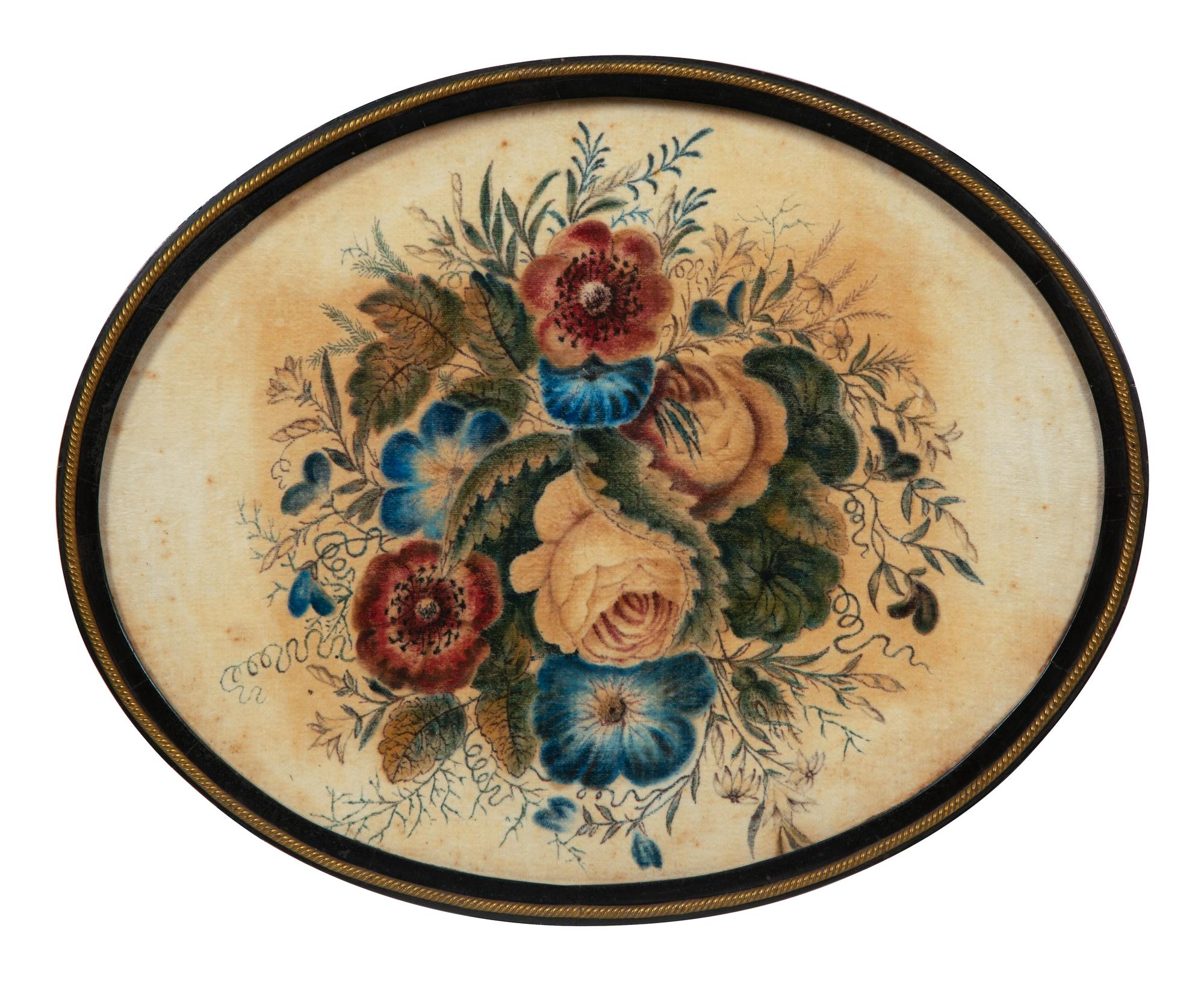 A Pair of Victorian Painted Velvet Floral Still Lifes