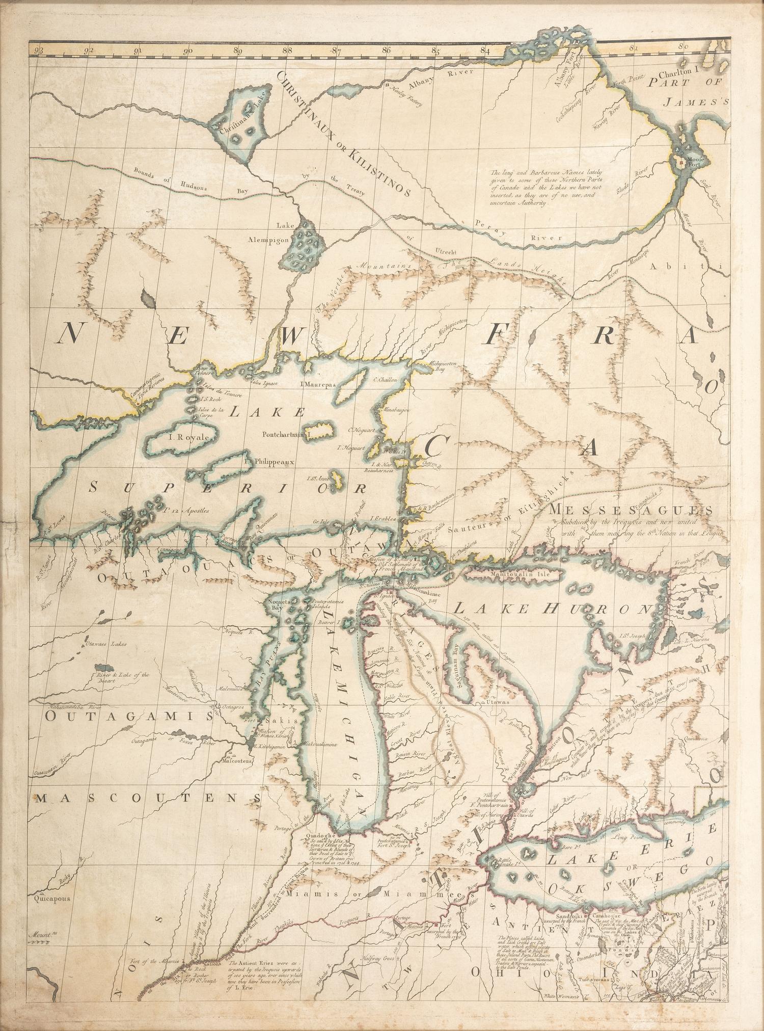 MITCHELL, John (1711-1768). [Sheet 2 from:] A Map of the British and French Dominions in North America with the Roads, Distances, Limits and Extent of the Settlements. London, ca 1755-1757?]