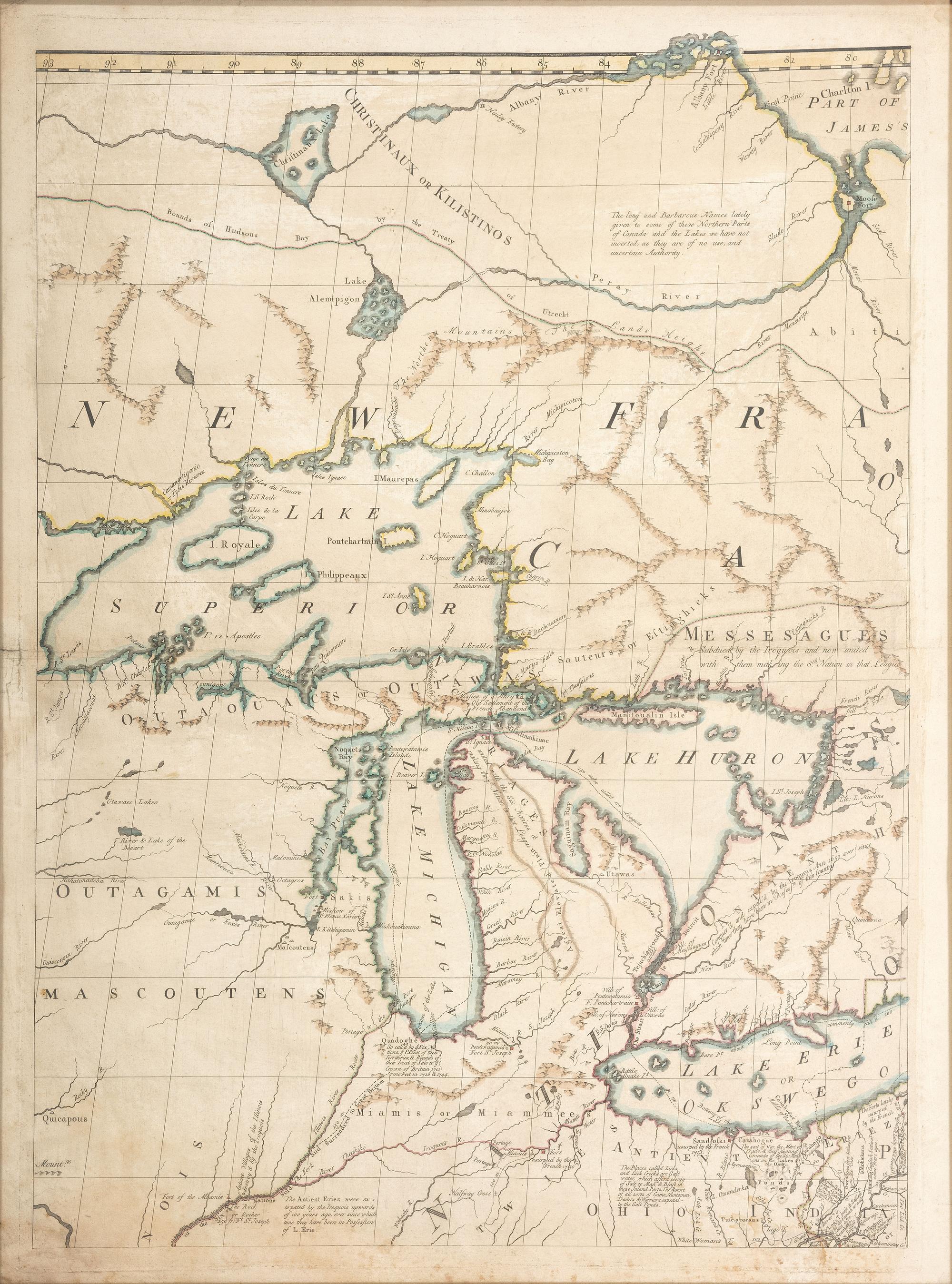 MITCHELL, John (1711-1768). [Sheet 2 from:] A Map of the British and French Dominions in North America with the Roads, Distances, Limits and Extent of the Settlements. London, ca 1755-1757?]