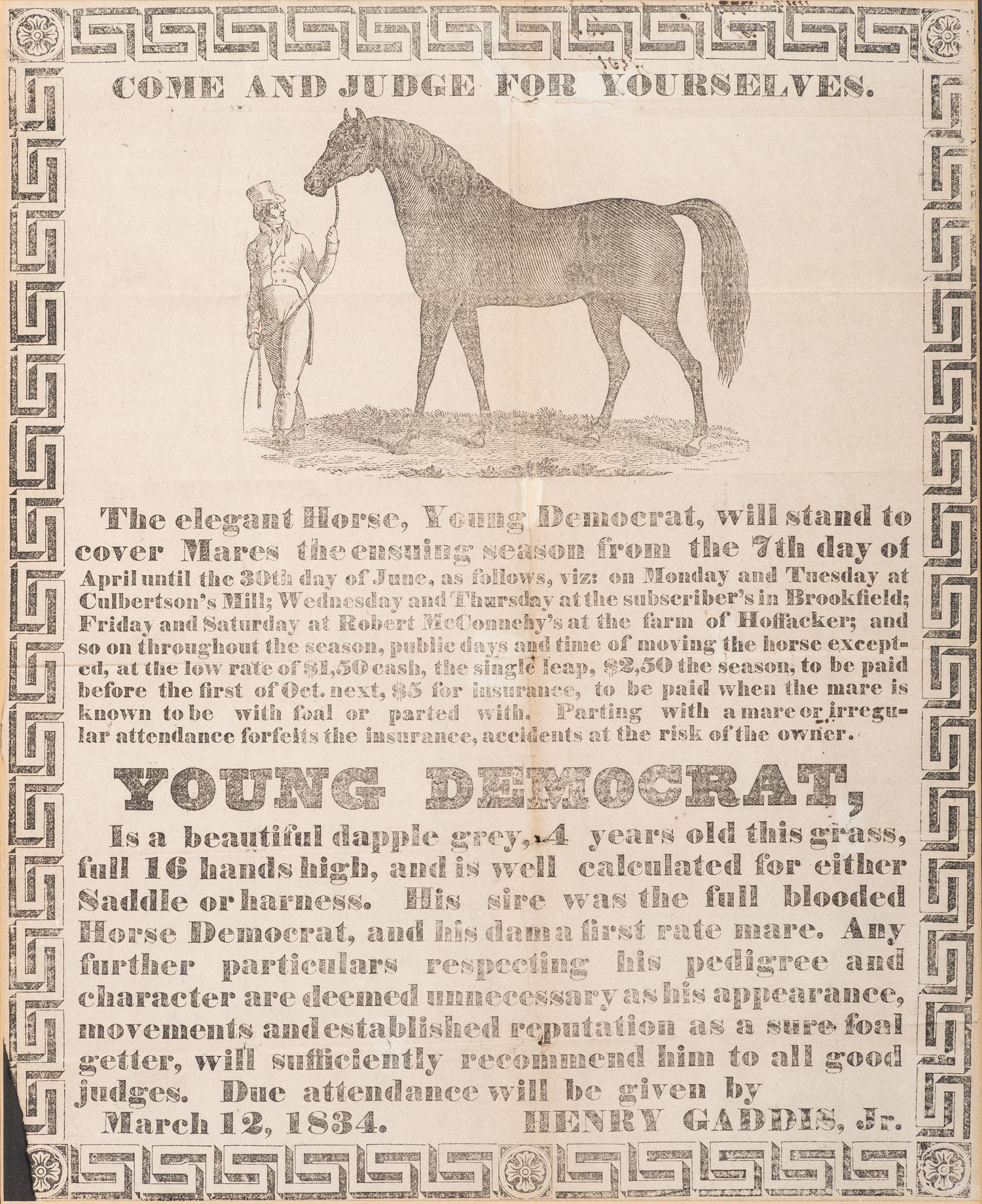 [EQUESTRIAN]. Come and Judge for Yourselves...Young Democrat. N.p.: N.p., 12 March 1834.
