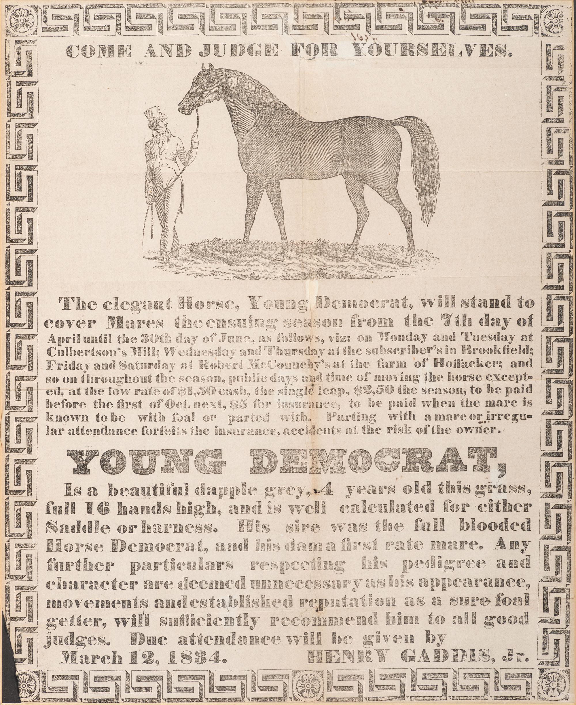 [EQUESTRIAN]. Come and Judge for Yourselves...Young Democrat. N.p.: N.p., 12 March 1834.