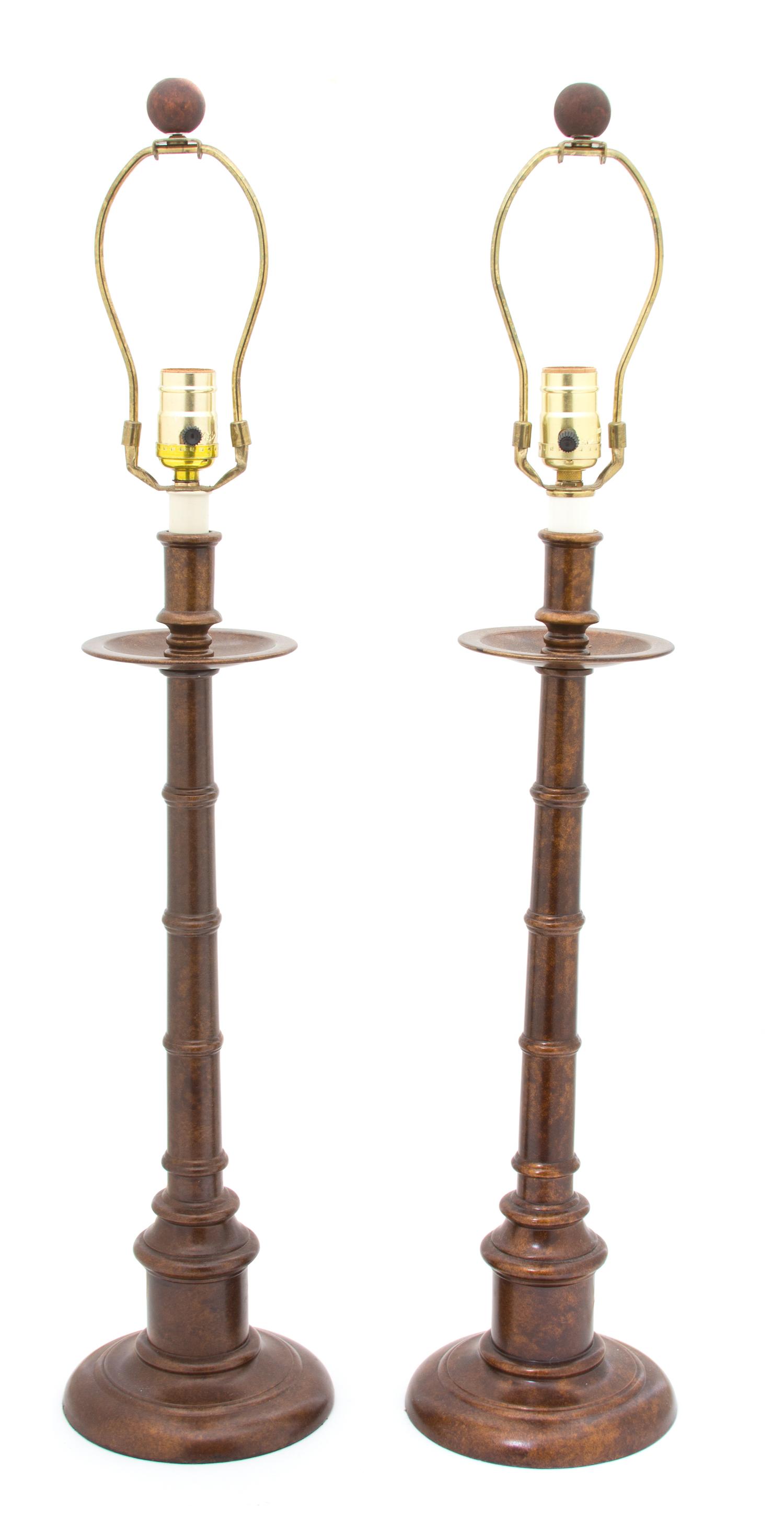 A Pair of Patinated Metal Table Lamps Height overall 31 inches. — 20TH CENTURY