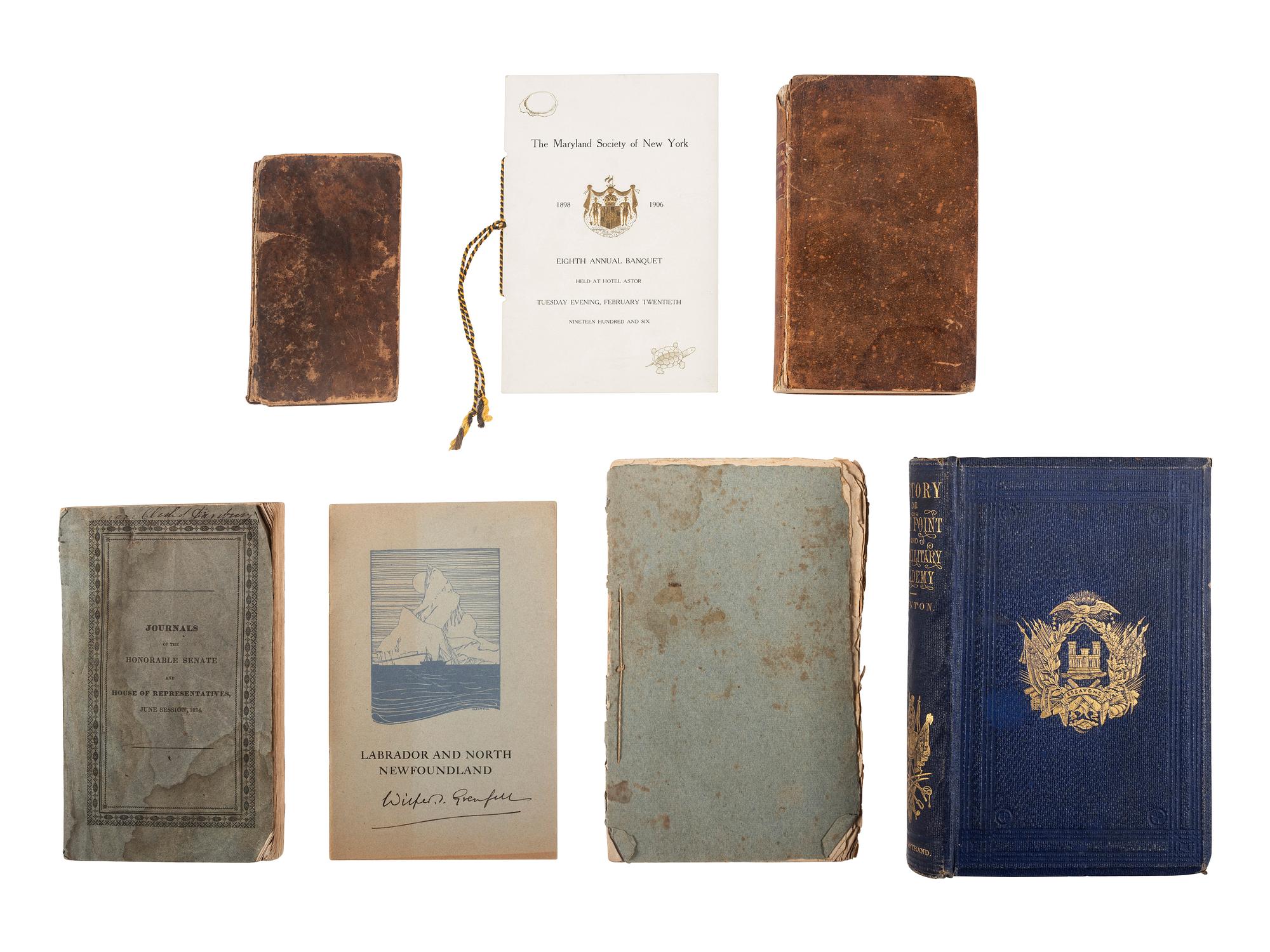 [MILITARIA]. Collection of over 75 late 19th-early 20th century medals, pinbacks, and souvenirs, with books and Civil War ephemera, including: