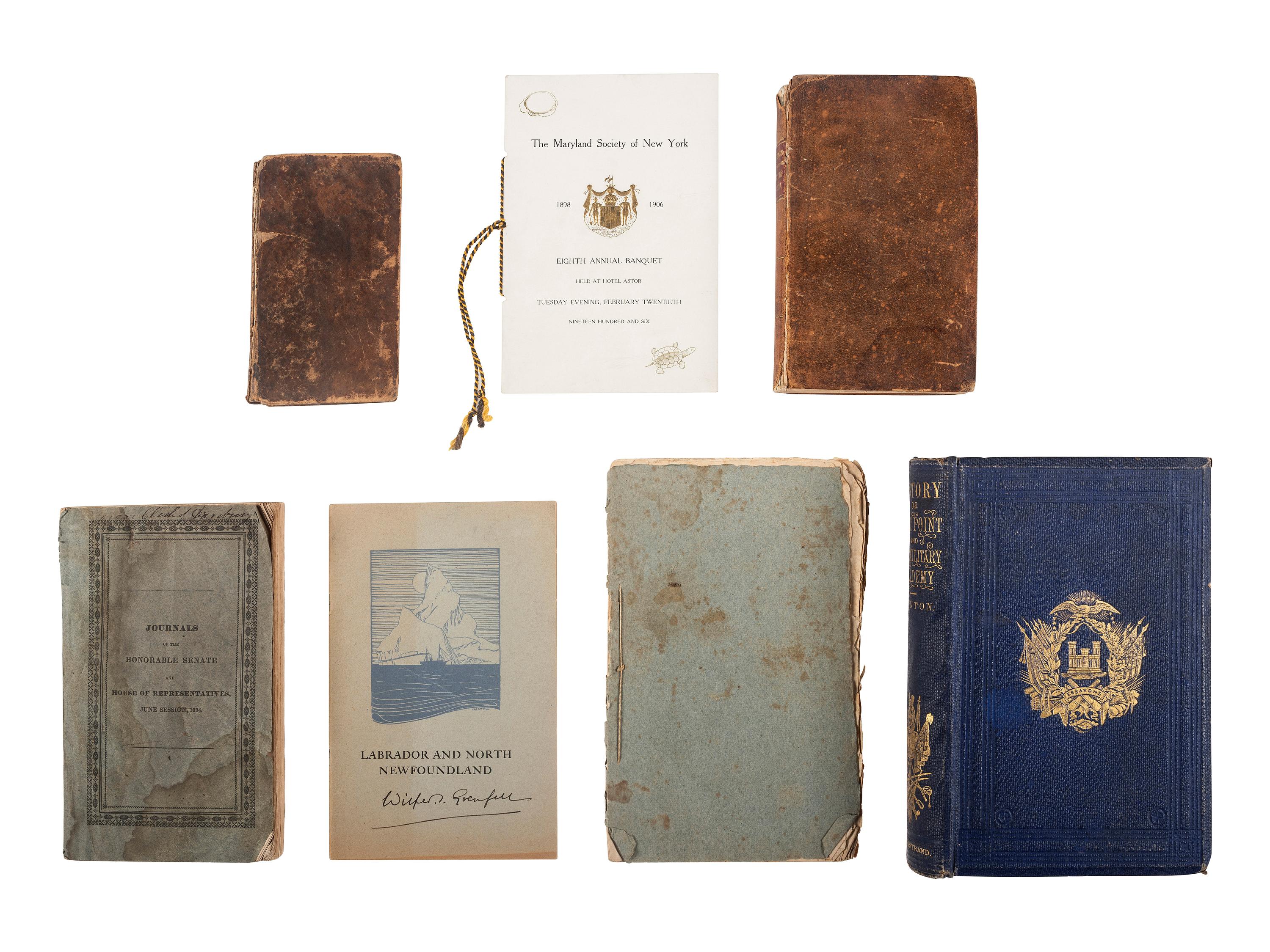 [MILITARIA]. Collection of over 75 late 19th-early 20th century medals, pinbacks, and souvenirs, with books and Civil War ephemera, including: