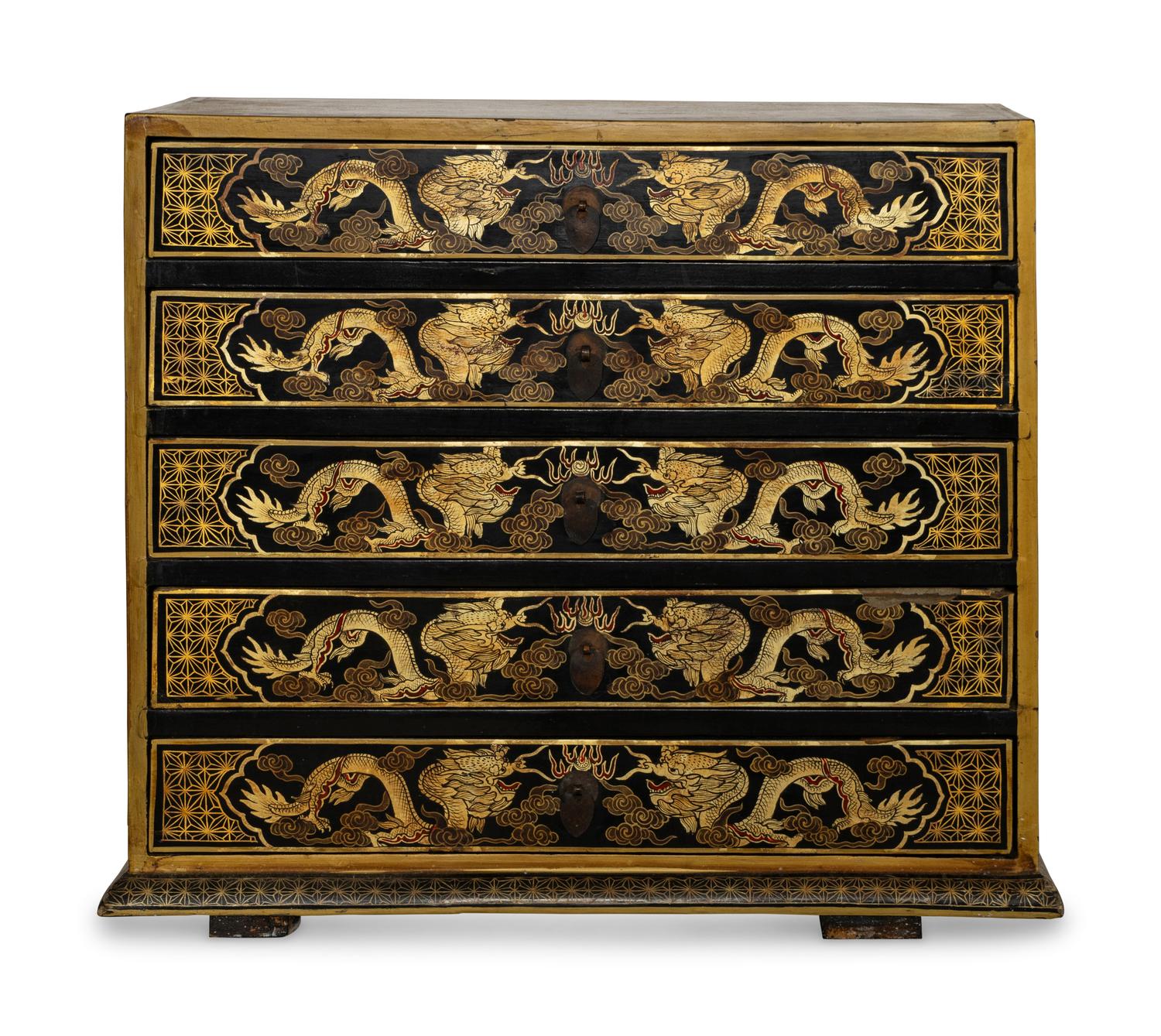 A Korean Parcel Gilt and Paint Decorated Diminutive Chest of Drawers