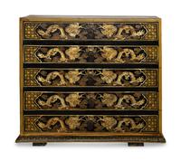 A Korean Parcel Gilt and Paint Decorated Diminutive Chest of Drawers