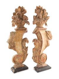 A Pair of Continental Carved and Painted Ornamental Finials