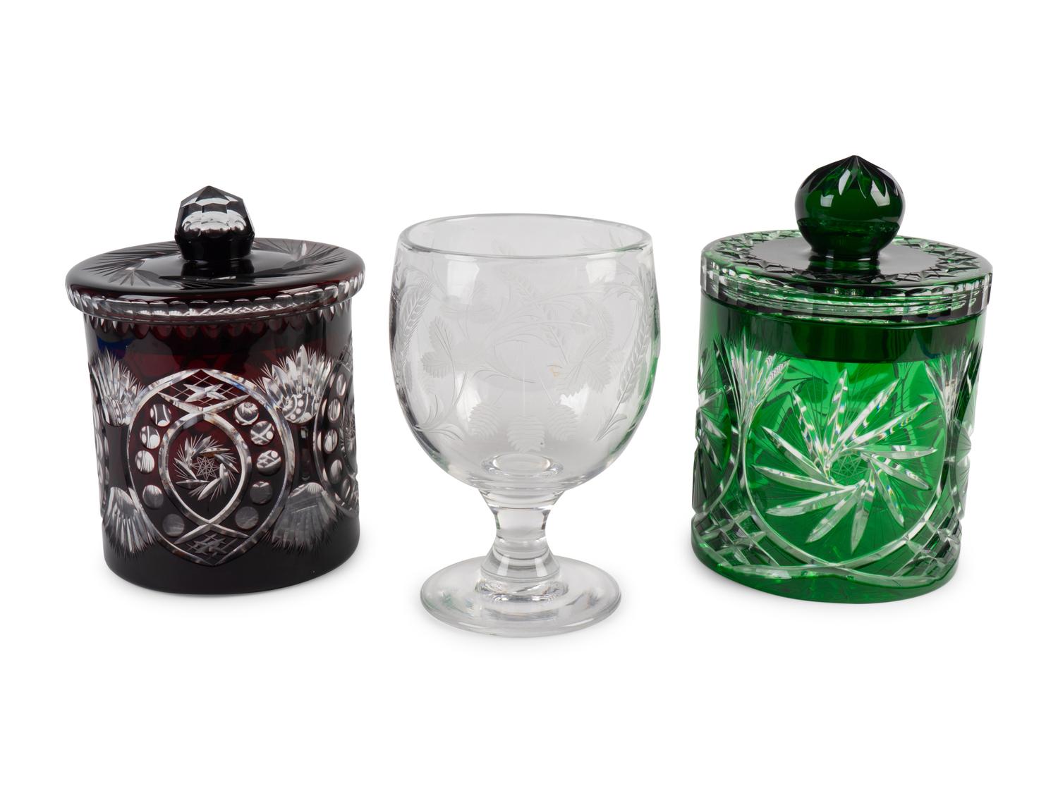 Two Large Bohemian Overlay Crystal Lidded Biscuit Jars and an Etched Glass Footed Bowl — 19TH/20TH CENTURY