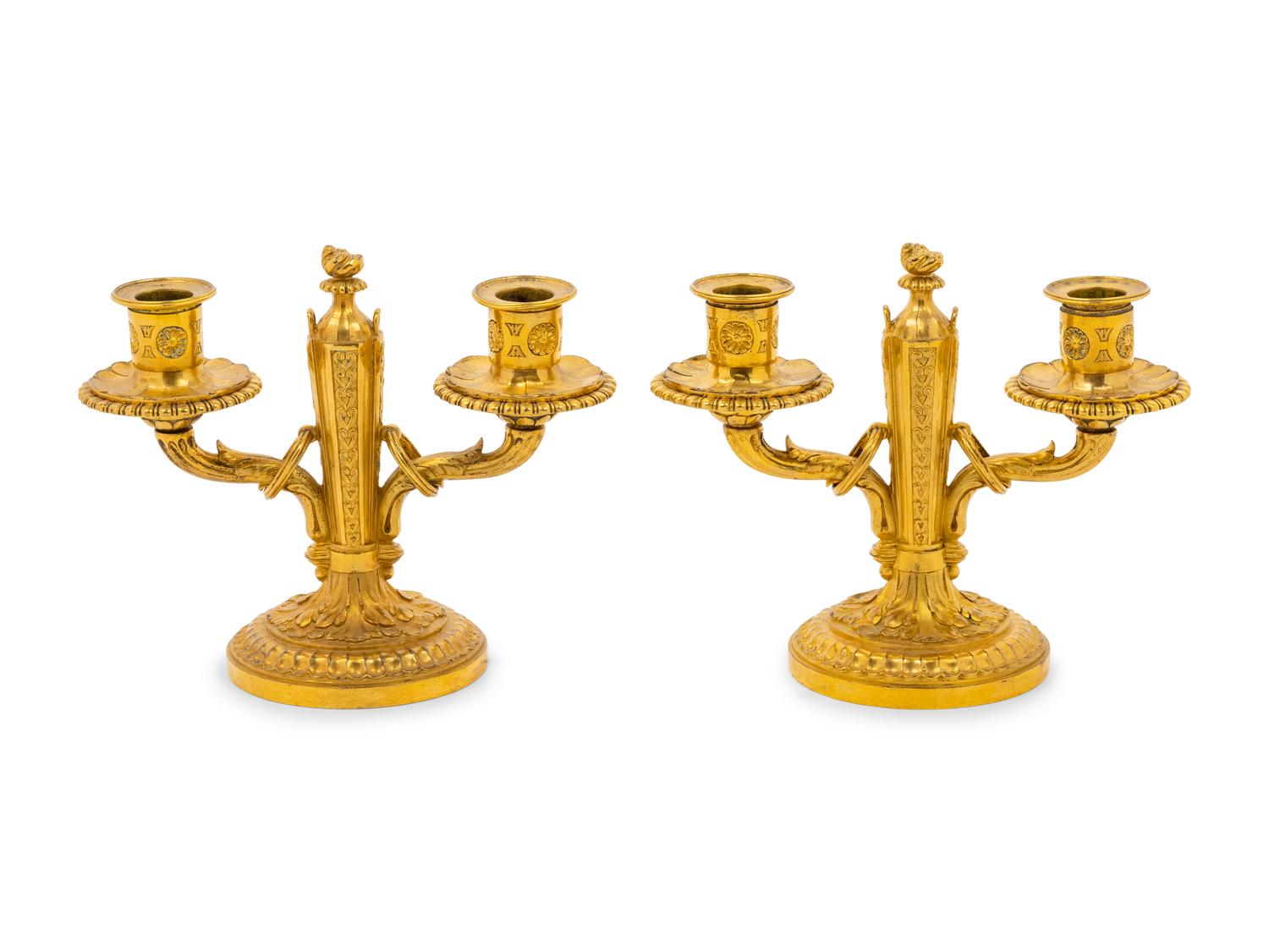 A Pair of Baltic Neoclassical Gilt Bronze Two-Light Candelabra