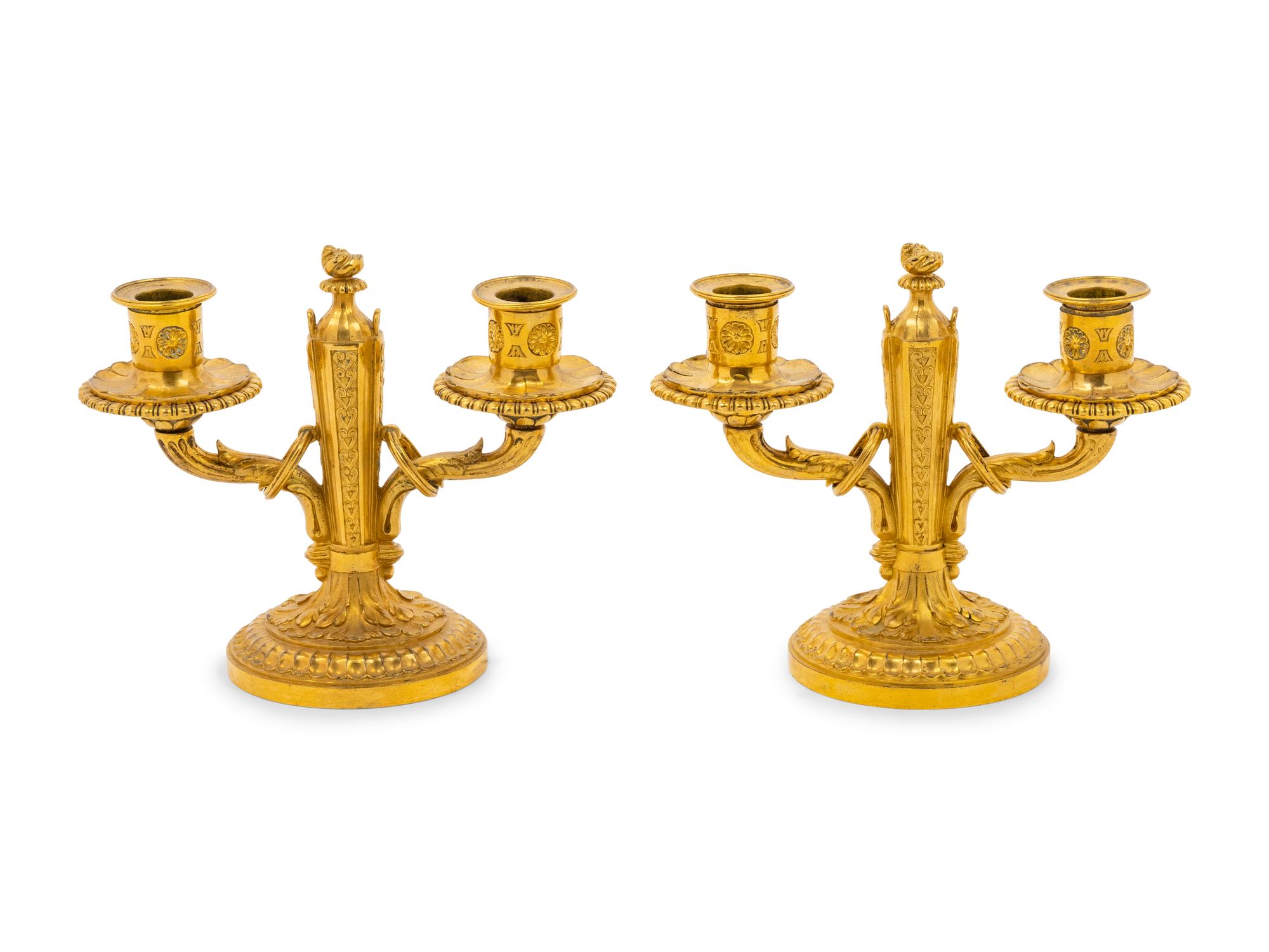 A Pair of Baltic Neoclassical Gilt Bronze Two-Light Candelabra