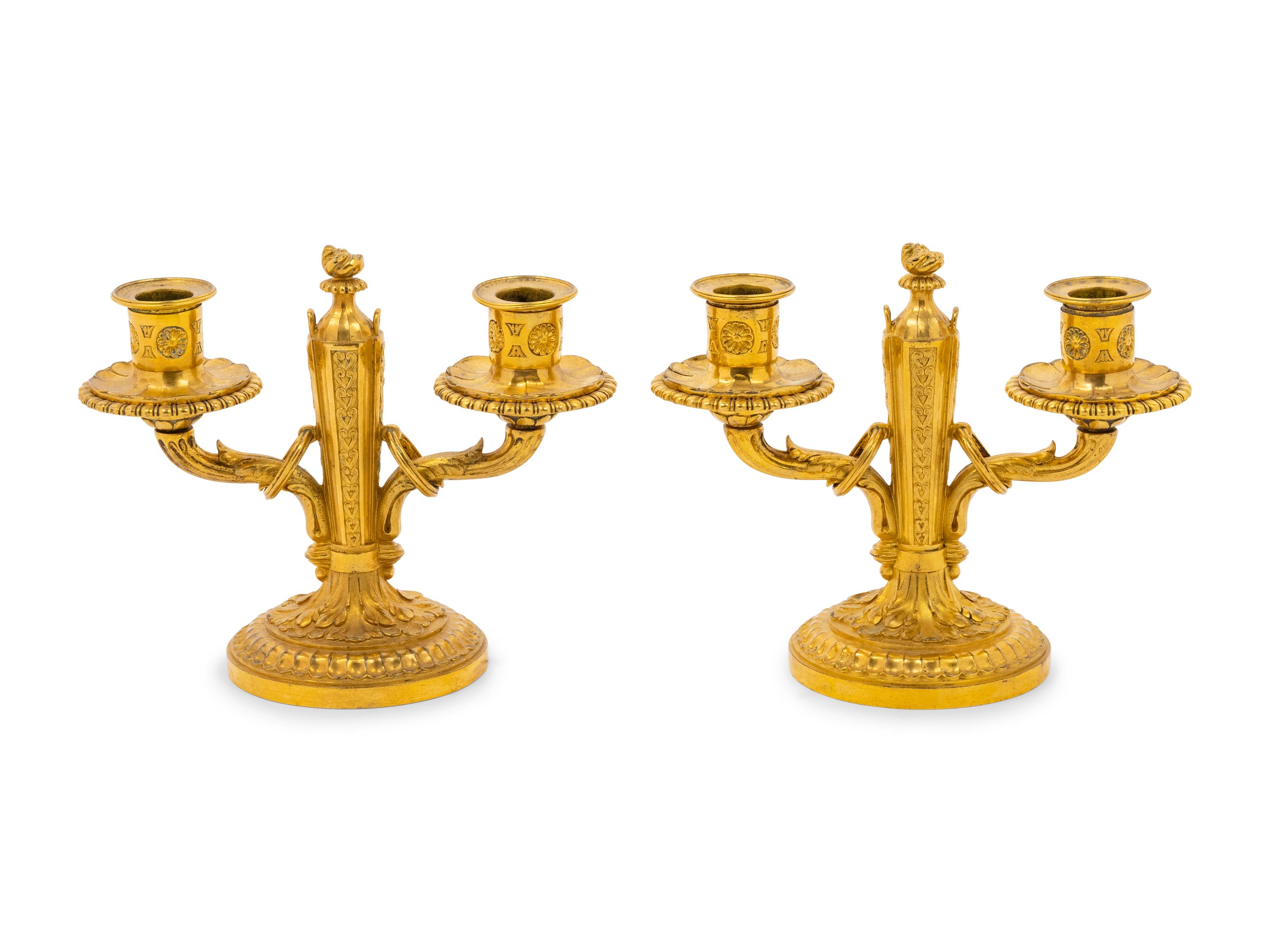A Pair of Baltic Neoclassical Gilt Bronze Two-Light Candelabra
