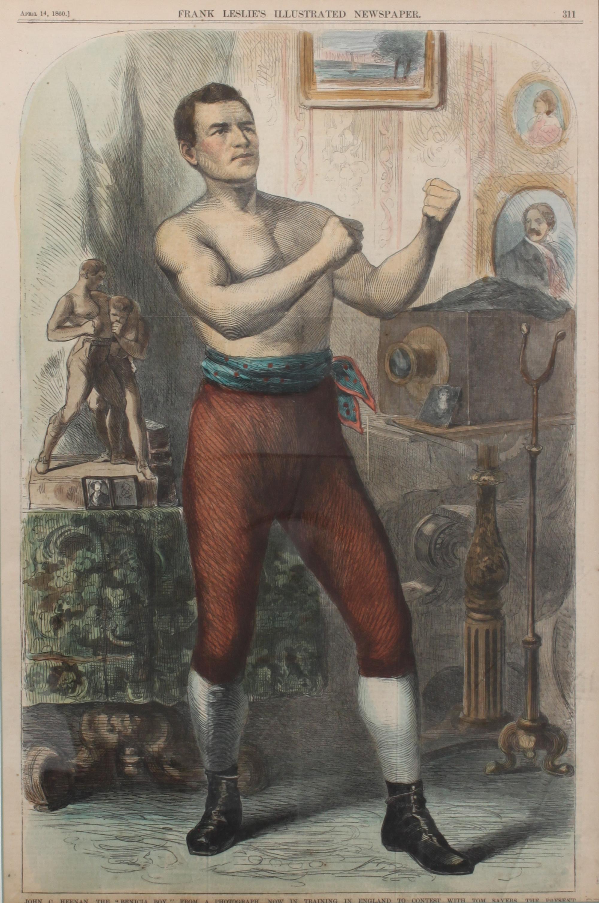 Three Hand Colored Engravings of Boxing Scenes Height 15 x width 10 inches — LATE 19TH CENTURY