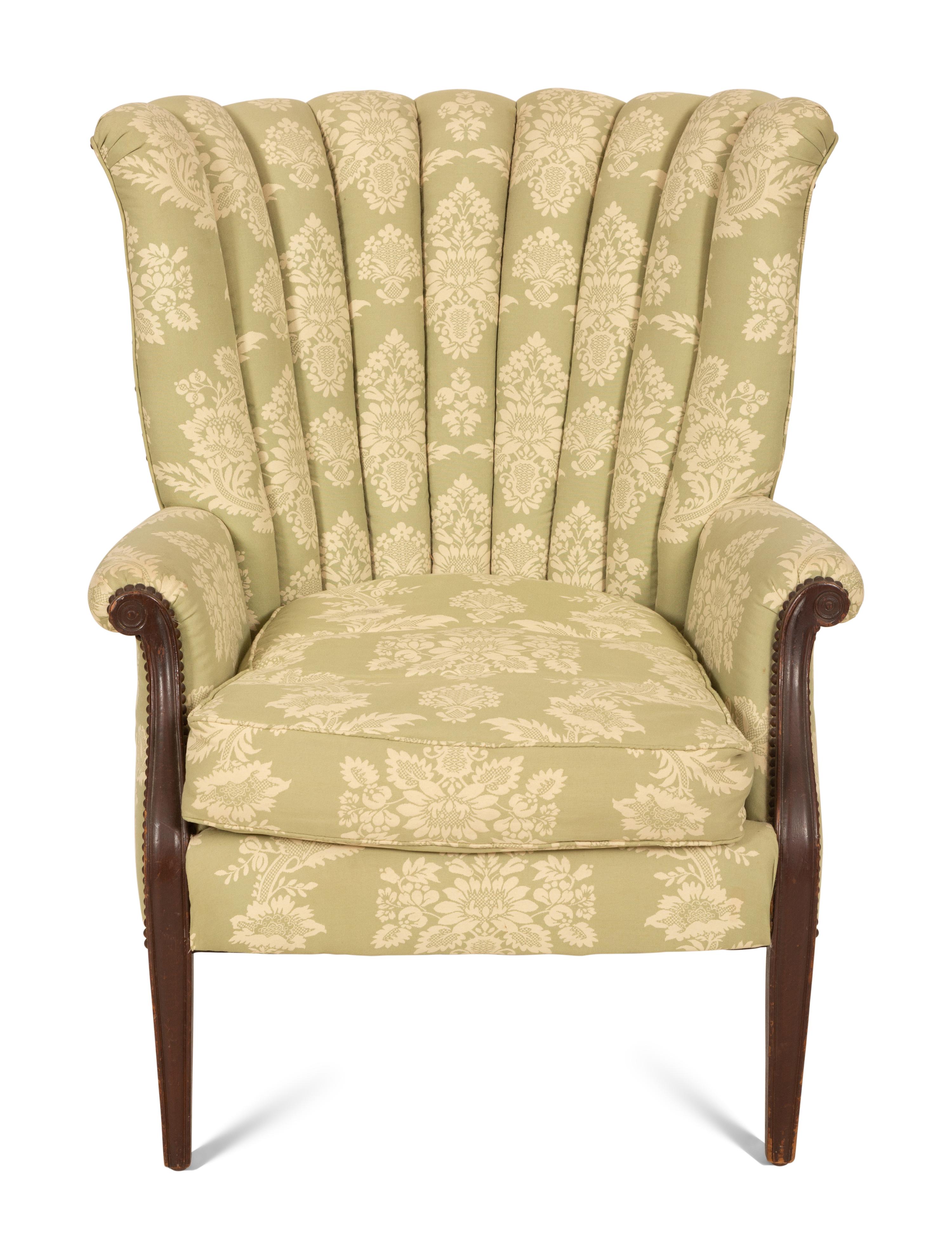 A Green and White Channel Upholstered Mahogany Armchair