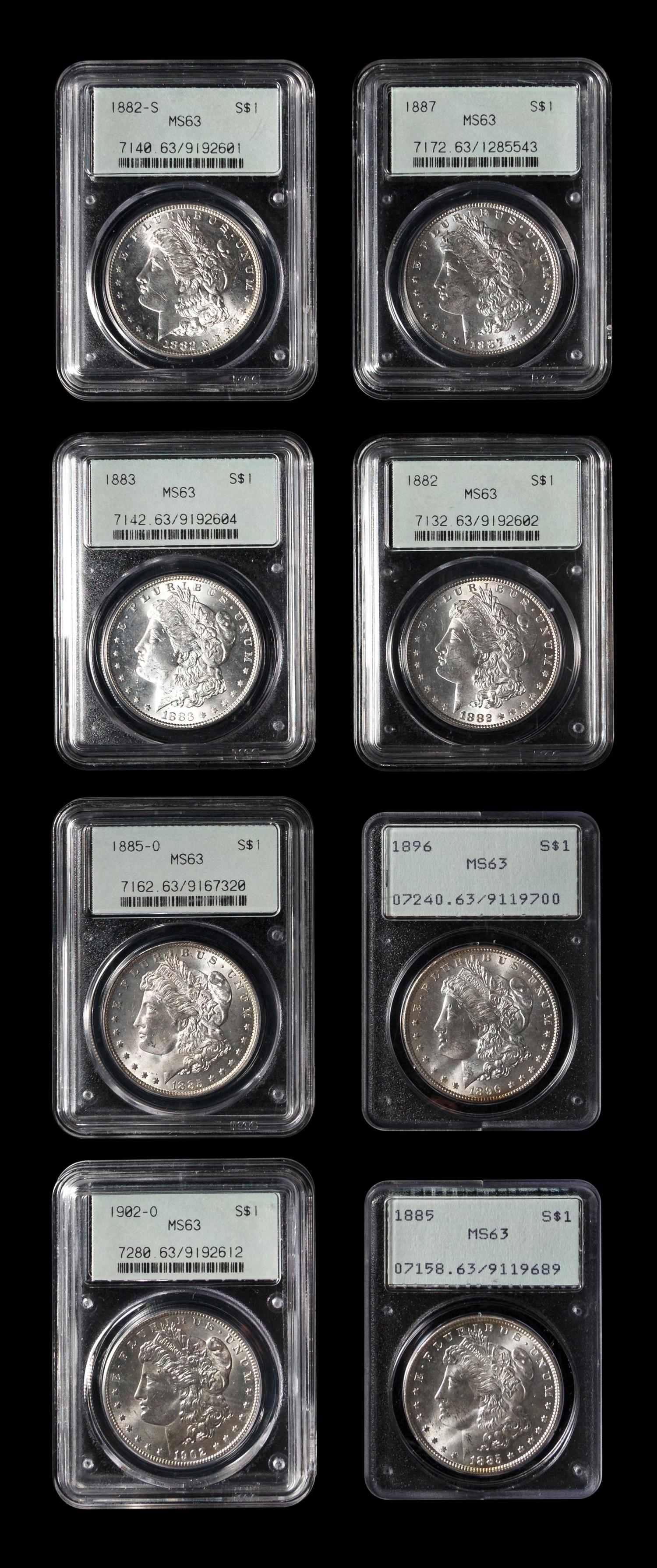 A Group of Eight Morgan $1 Coins (PCGS MS63)