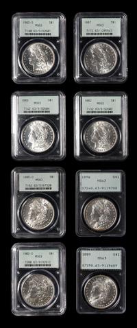 A Group of Eight Morgan $1 Coins (PCGS MS63)