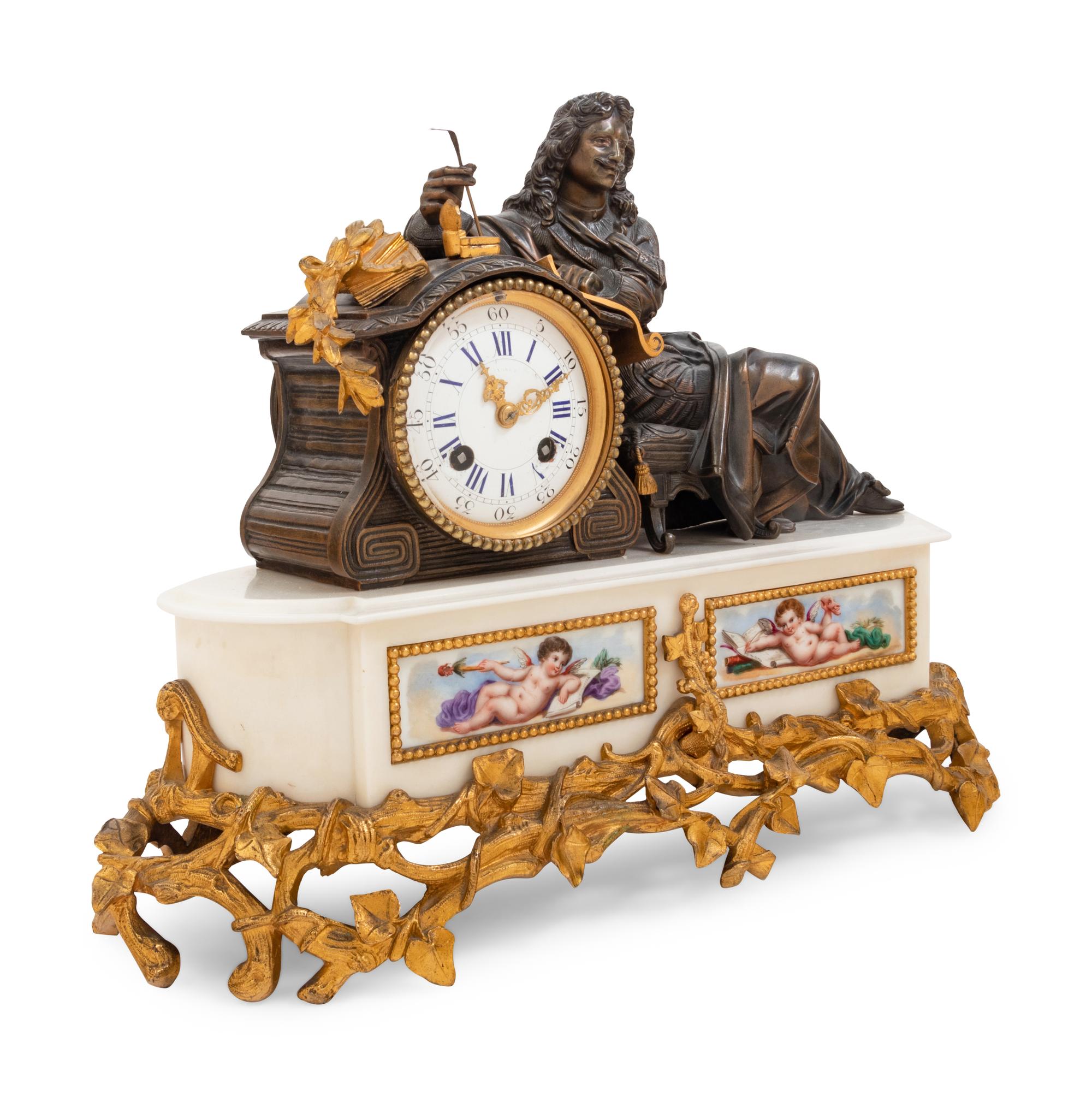 A French Porcelain Mounted Gilt and Patinated Bronze Figural Clock