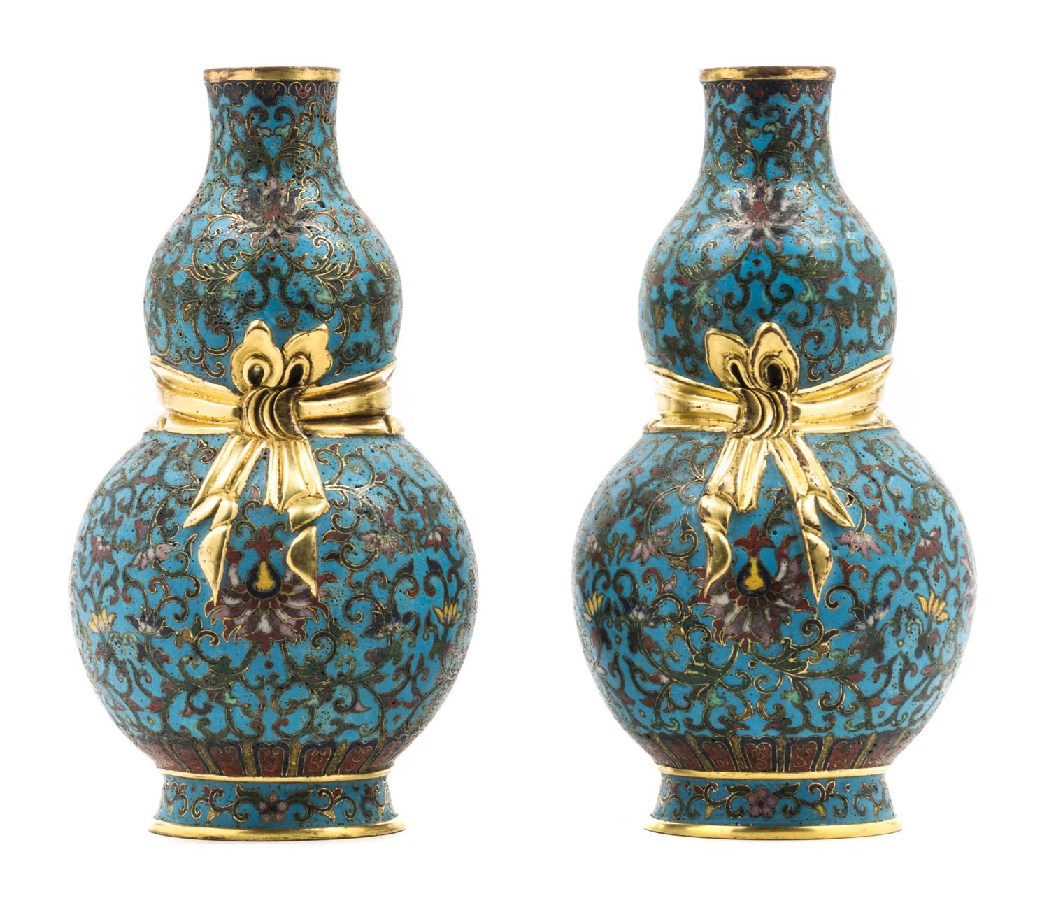 A Pair of Cloisonne Enamel Double-Gourd Vases Height of pair 7 inches.