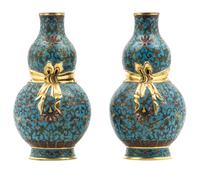 A Pair of Cloisonne Enamel Double-Gourd Vases Height of pair 7 inches.