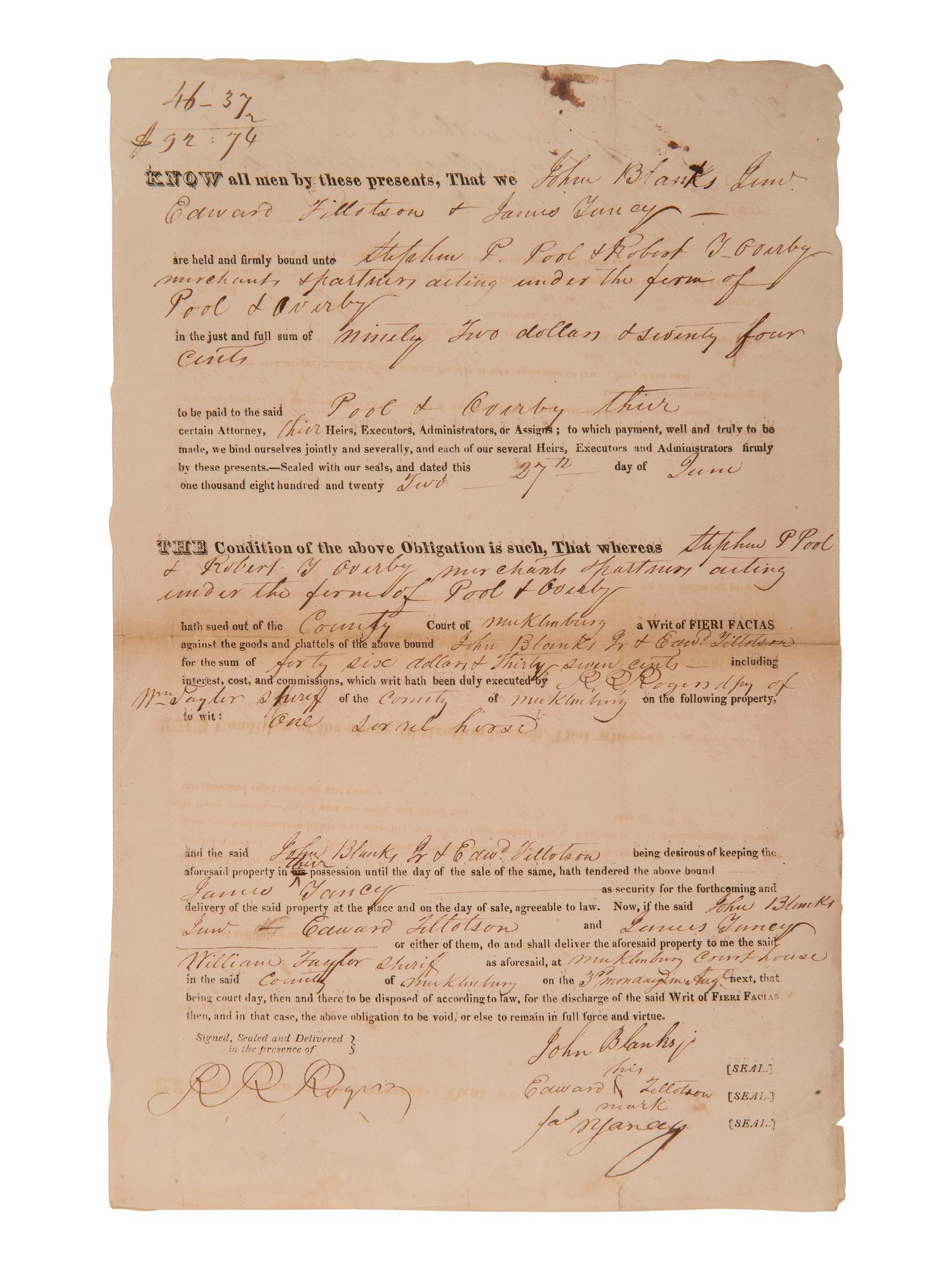 [ENSLAVEMENT]. 2 bonds placing liens on enslaved persons as property. Mecklenburg Co., [NC], 1820s.