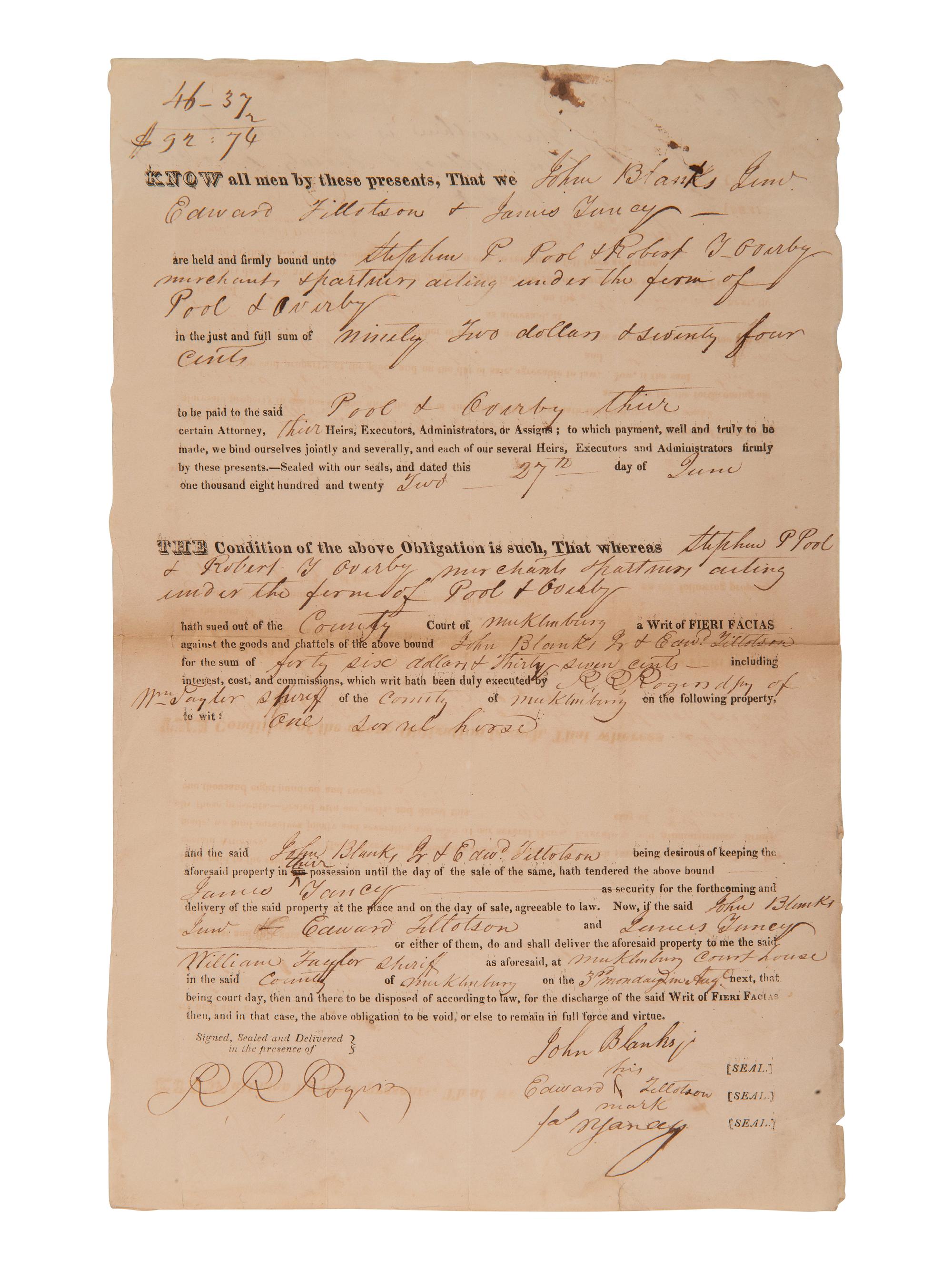 [ENSLAVEMENT]. 2 bonds placing liens on enslaved persons as property. Mecklenburg Co., [NC], 1820s.