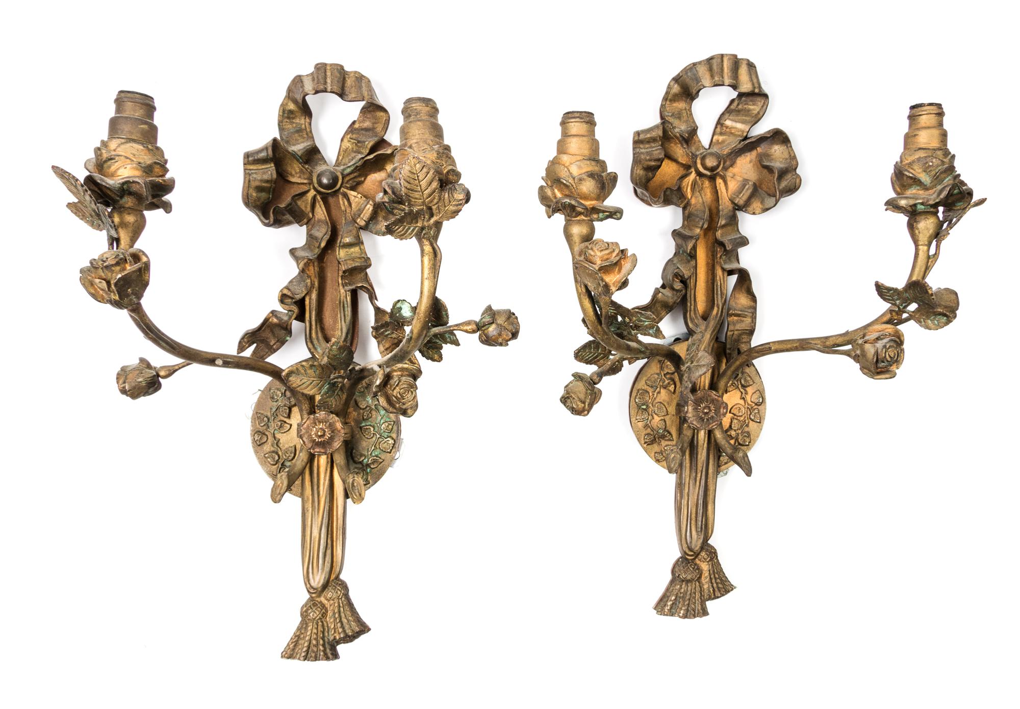 A Pair of Neoclassical Bronze Two-Light Sconces Height 14 inches. — EARLY 20TH CENTURY